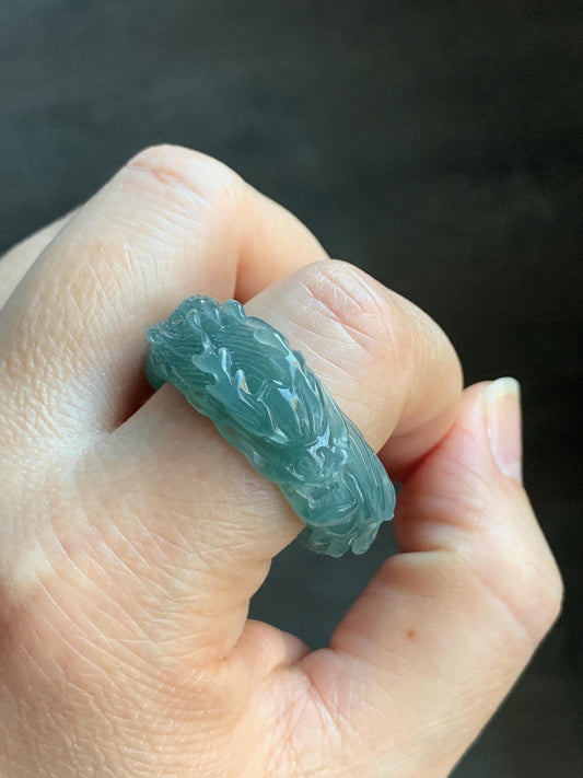 Certified Natural Guatemalan Premium Icy Translucent Teal Blue Jadeite Engraved Dragon Band Ring size 14 US 10.64g 天然冰胶起光危蓝翡翠盘龙戒圈戒指 3174