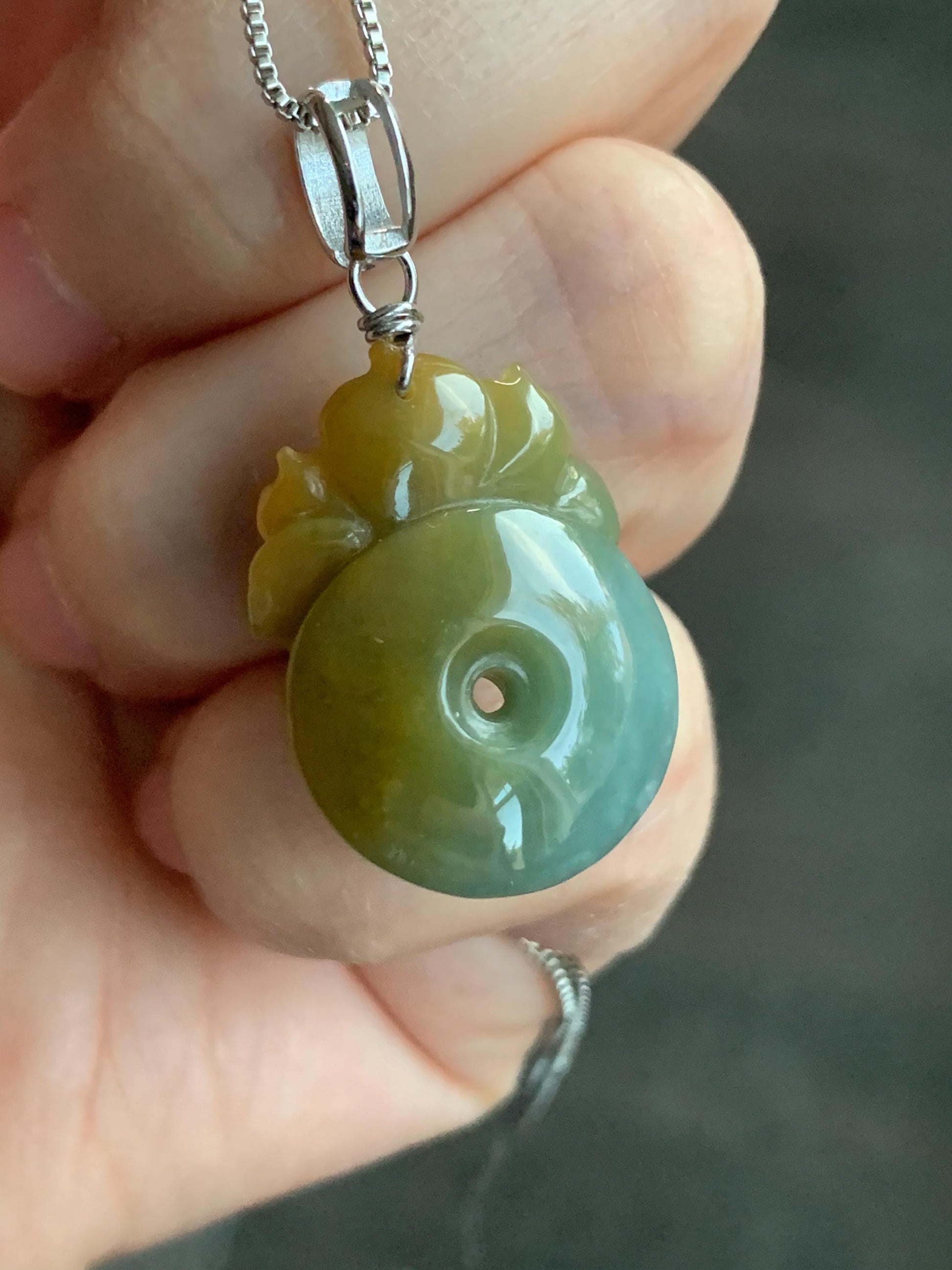 Natural Guatemalan Icy Translucent Light Dusty Blue Yellow Marbled Jadeite Lotus Flower Ping An Kou Donut Pendant 天然冰危蓝加黄翡翠莲花平安扣吊坠