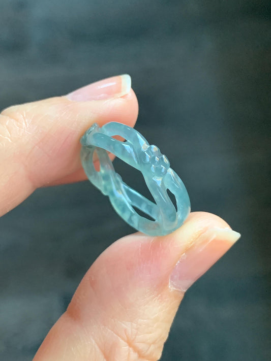 Natural Guatemalan Icy Highly Translucent Light Blue Jadeite Openwork Carved Cherry Blossom Band Ring Size 6.75 天然冰危起胶淡蓝翡翠镂空雕梅花戒圈