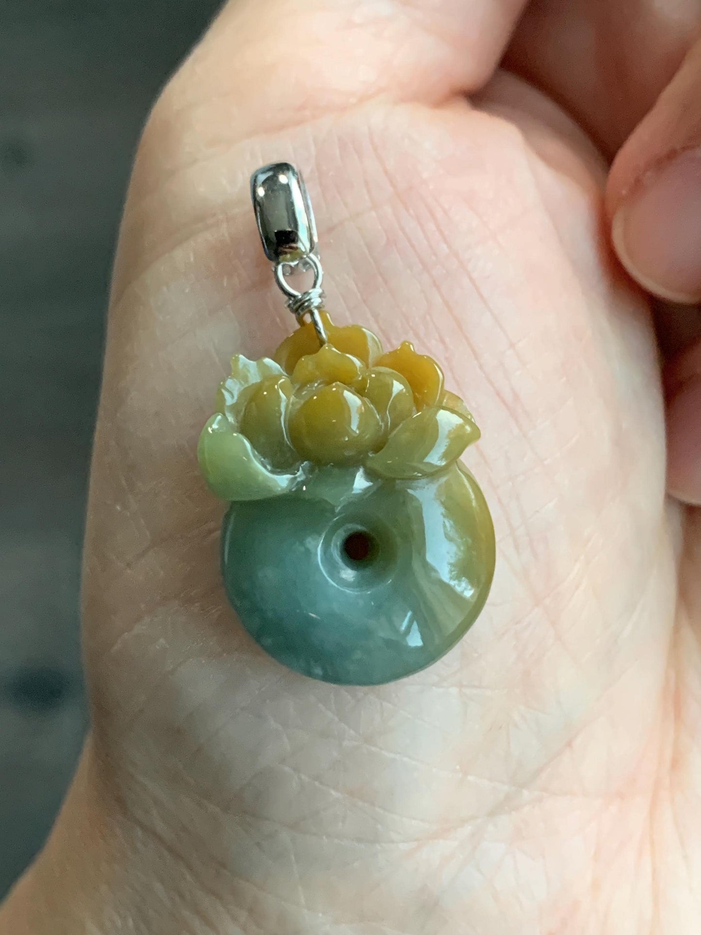 Natural Guatemalan Icy Translucent Light Dusty Blue Yellow Marbled Jadeite Lotus Flower Ping An Kou Donut Pendant 天然冰危蓝加黄翡翠莲花平安扣吊坠