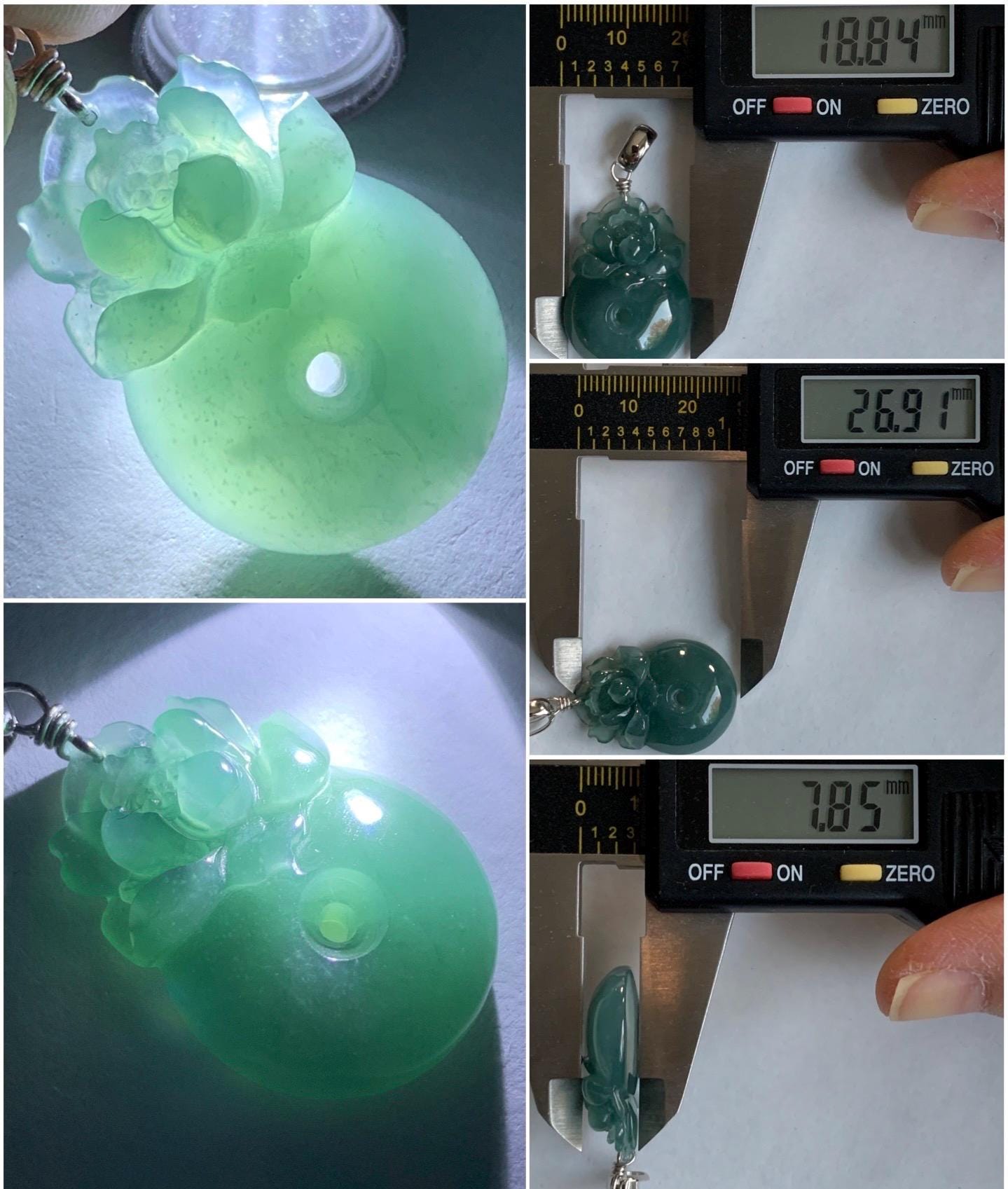 Natural Guatemalan Icy Translucent Dusty Teal Blue Jadeite Lotus Flower Ping An Kou Donut Pendant Sterling Silver 天然冰危蓝翡翠莲花平安扣吊坠