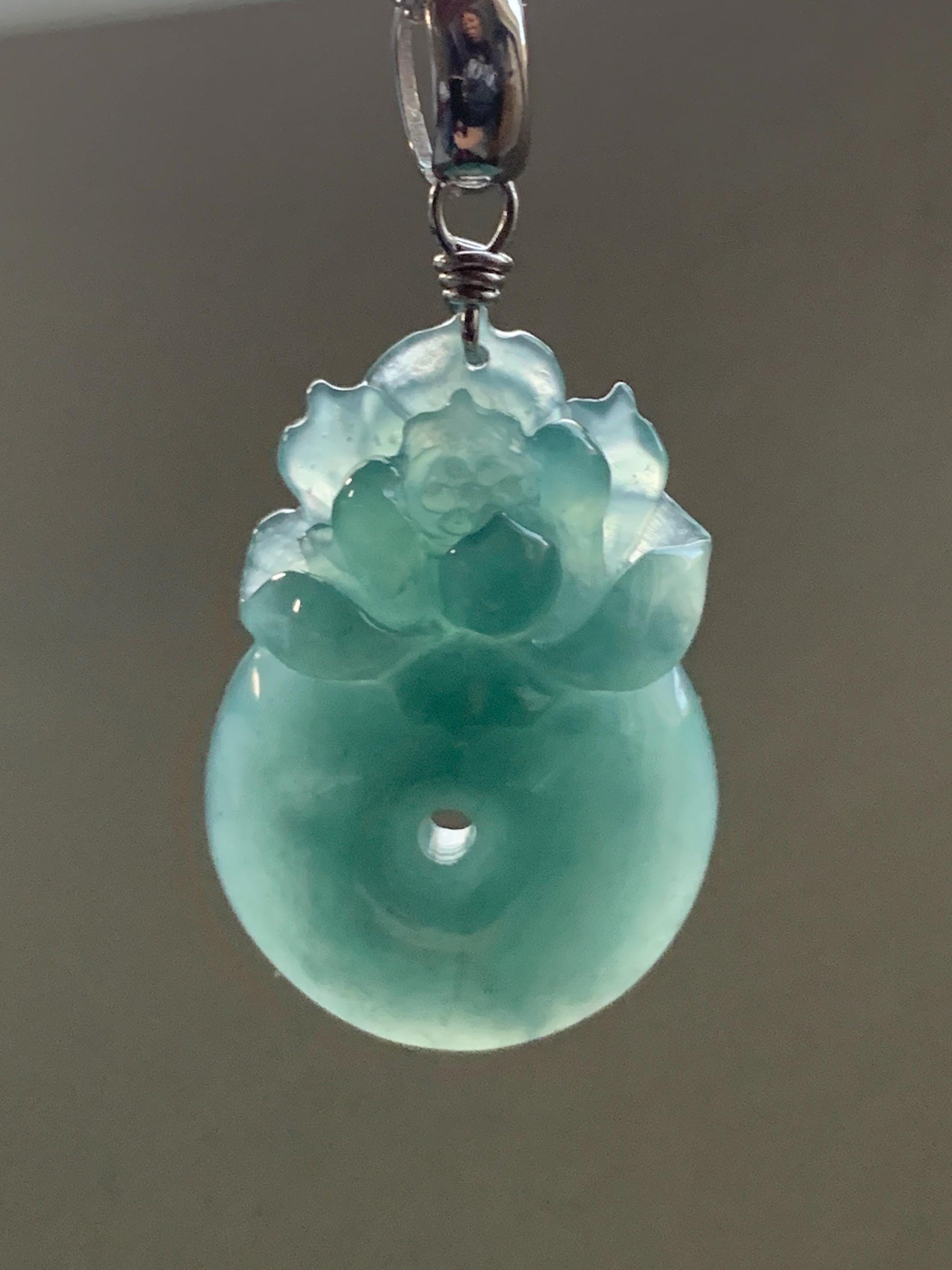 Natural Guatemalan Icy Translucent Dusty Teal Blue Jadeite Lotus Flower Ping An Kou Donut Pendant Sterling Silver 天然冰危蓝翡翠莲花平安扣吊坠