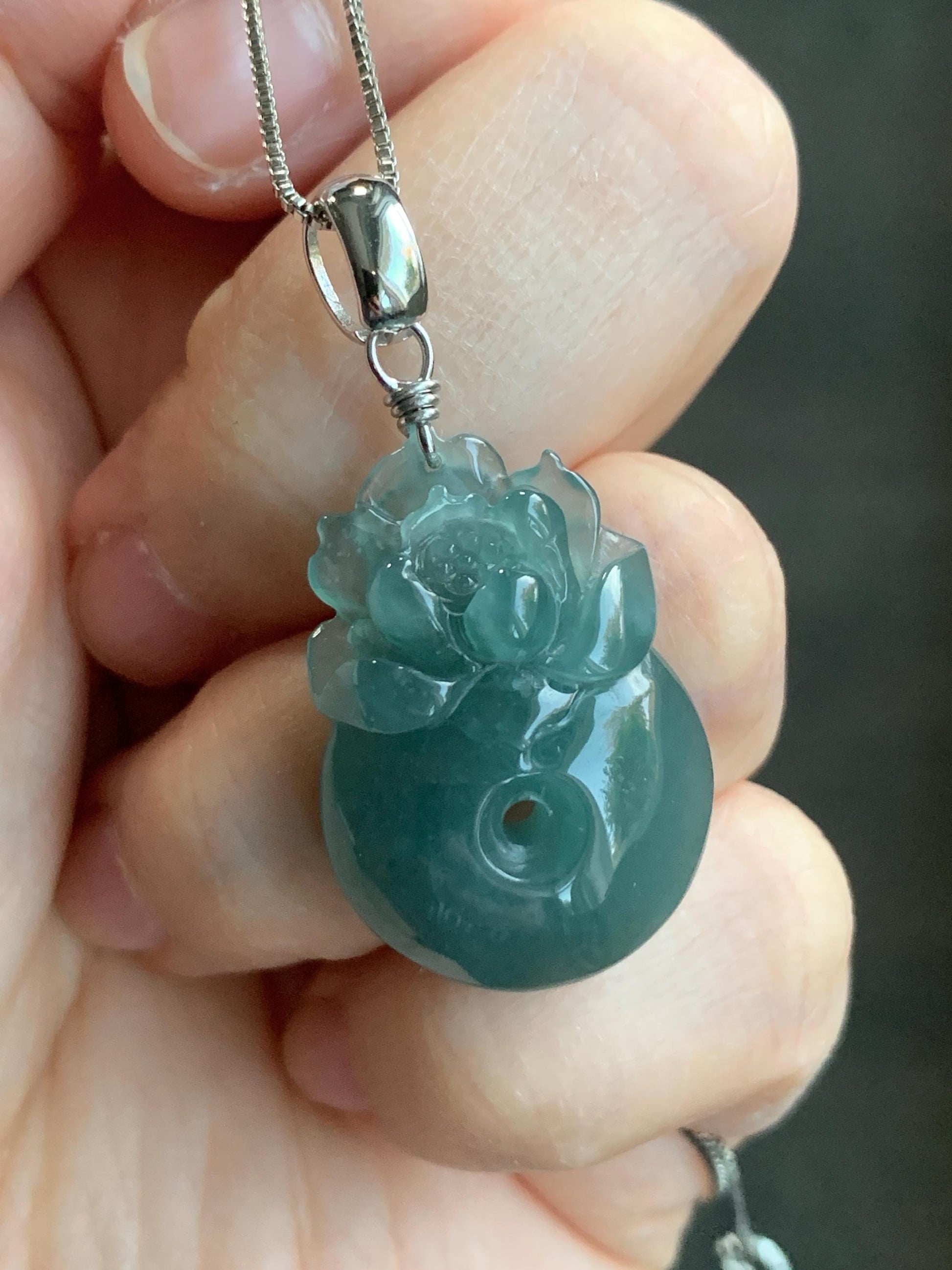 Natural Guatemalan Icy Translucent Dusty Teal Blue Jadeite Lotus Flower Ping An Kou Donut Pendant Sterling Silver 天然冰危蓝翡翠莲花平安扣吊坠