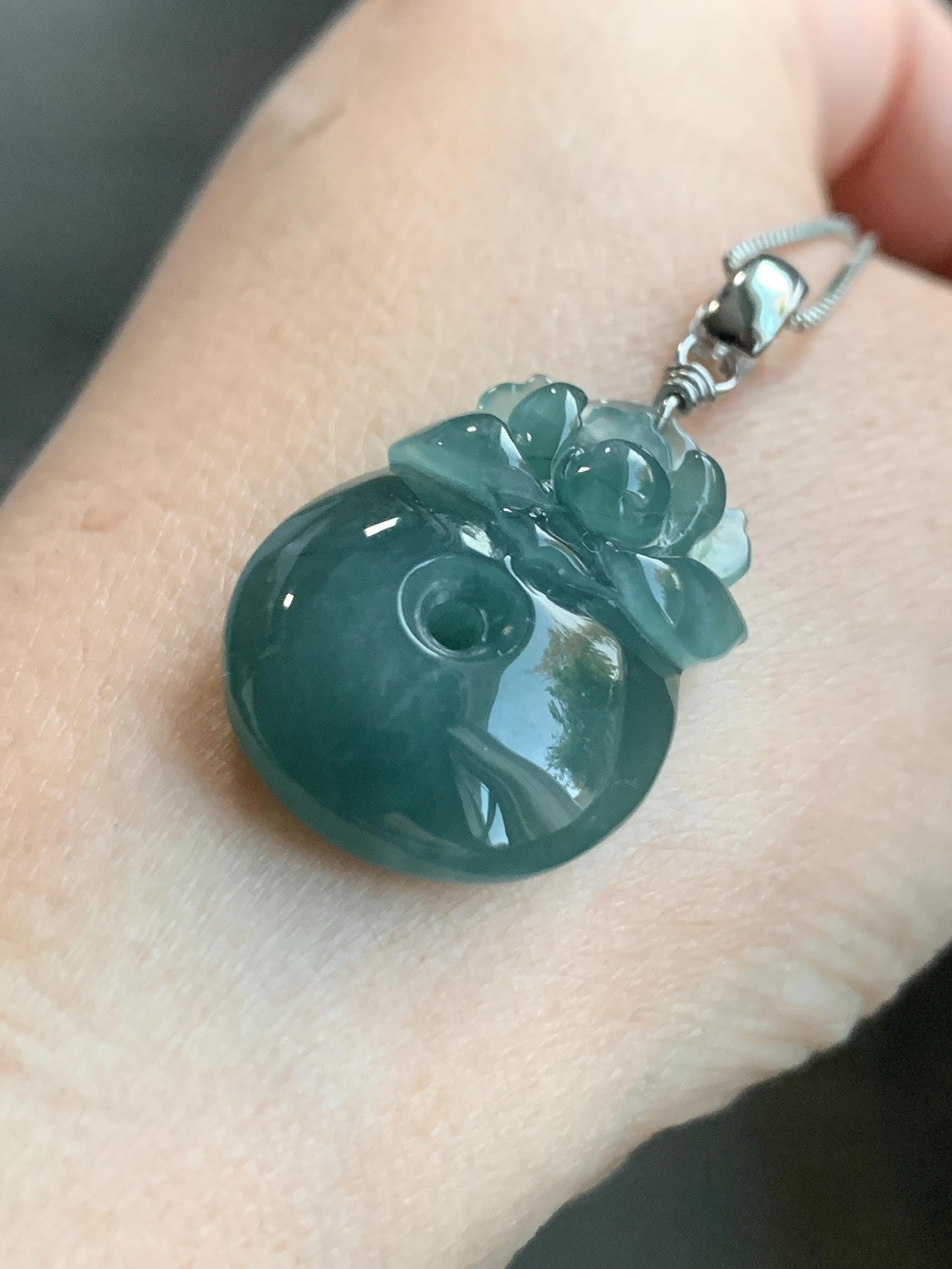 Natural Guatemalan Icy Translucent Dusty Teal Blue Jadeite Lotus Flower Ping An Kou Donut Pendant Sterling Silver 天然冰危蓝翡翠莲花平安扣吊坠