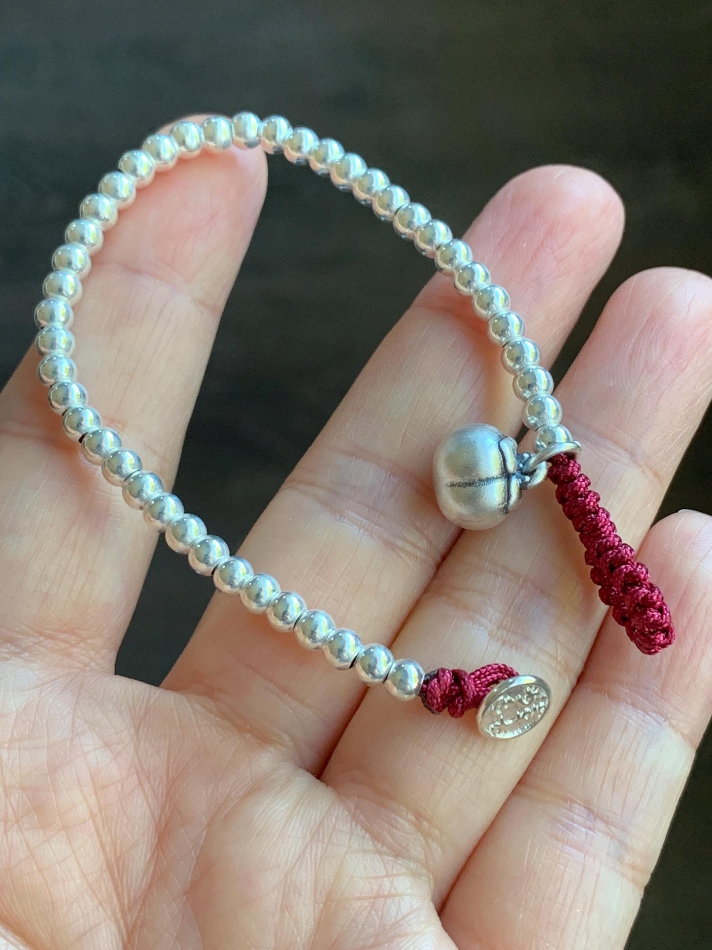 925 Sterling Silver Bead & Persimmon Charm Beaded Rope Bracelet 6.25" 2 grams 纯银S925心想事成银珠手绳