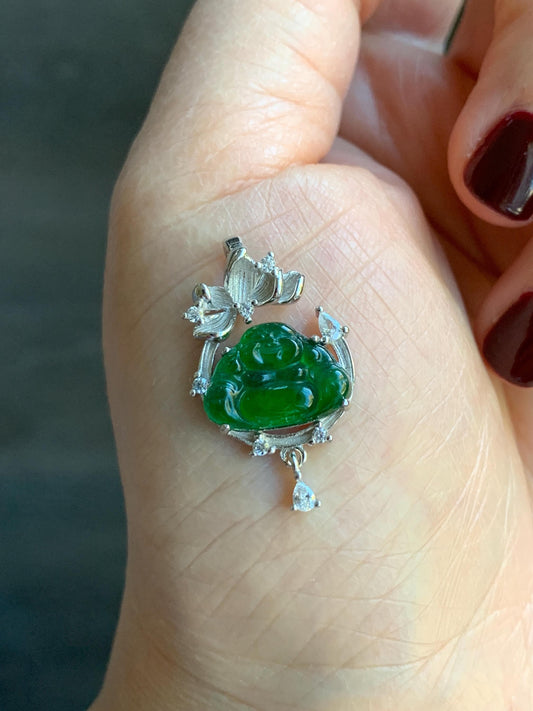 Petite Natural Guatemalan Icy Translucent Vibrant Green Jadeite Carved Buddha Pendant Sterling Silver 天然冰危绿翡翠佛公镶嵌吊坠 LFG910