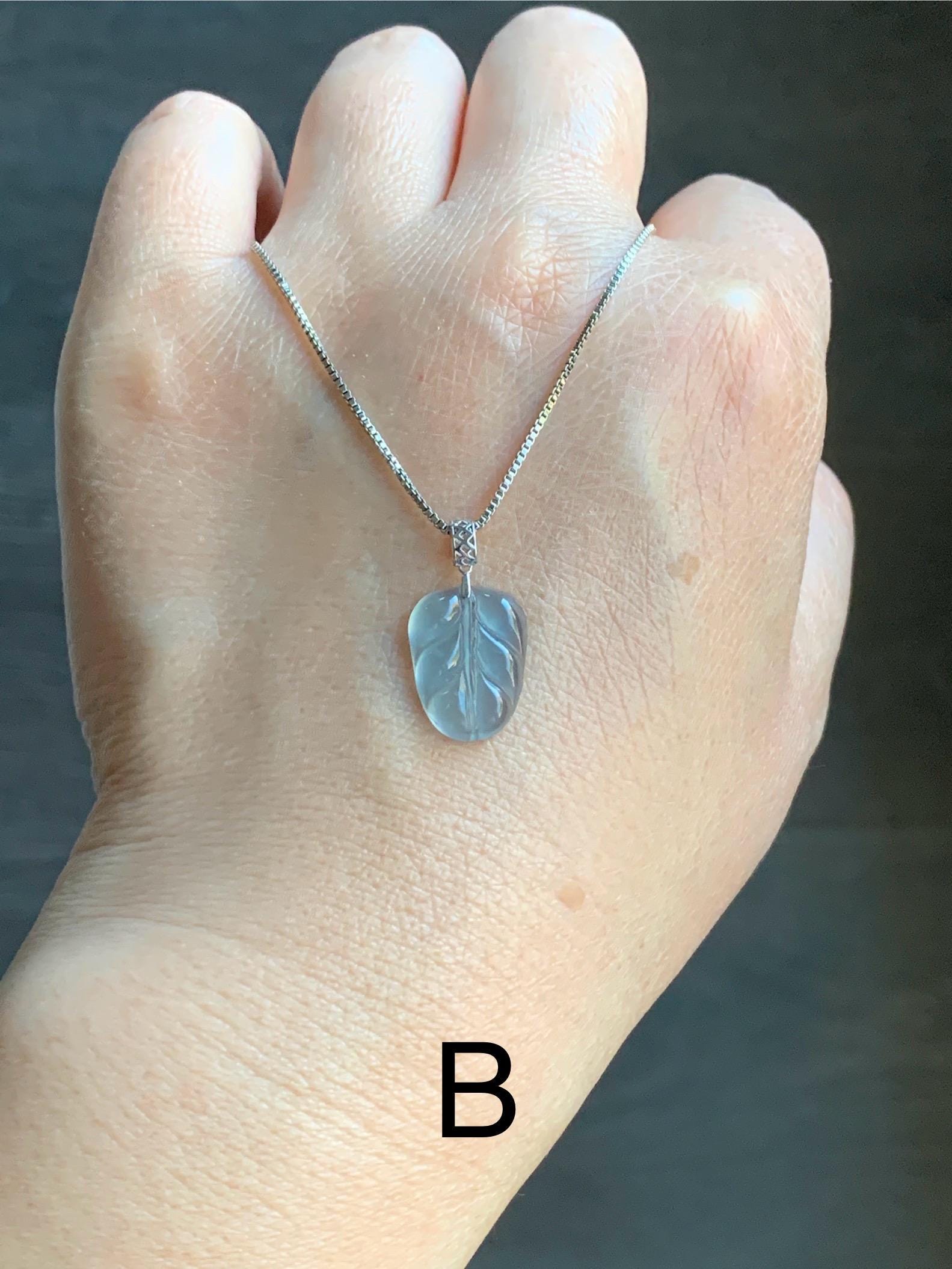 Petite Natural Guatemalan Premium Icy Highly Translucent Pale Blue Jadeite Leaf Pendant 18K White Gold 天然老种高冰危淡蓝翡翠叶子大业有成镶嵌吊坠 YDY712