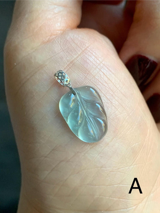 Petite Natural Guatemalan Premium Icy Highly Translucent Pale Blue Jadeite Leaf Pendant 18K White Gold 天然老种高冰危淡蓝翡翠叶子大业有成镶嵌吊坠 YDY712