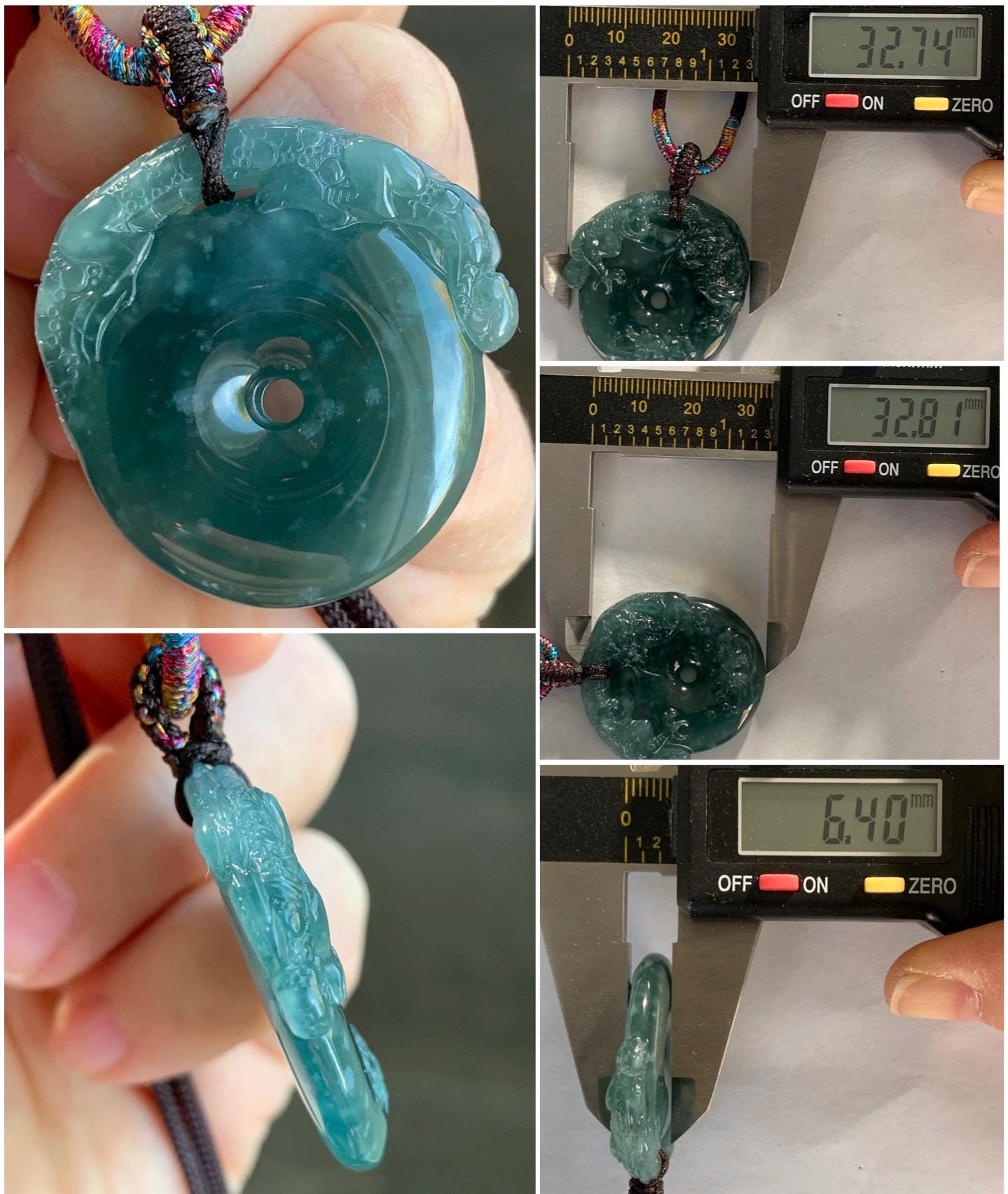 Natural Guatemalan Icy Translucent Dark Teal Blue Snowflake Marbled Jadeite Dragon Ping An Kou Donut Pendant Rope Necklace 天然冰胶危深蓝翡翠盘龙平安扣项链