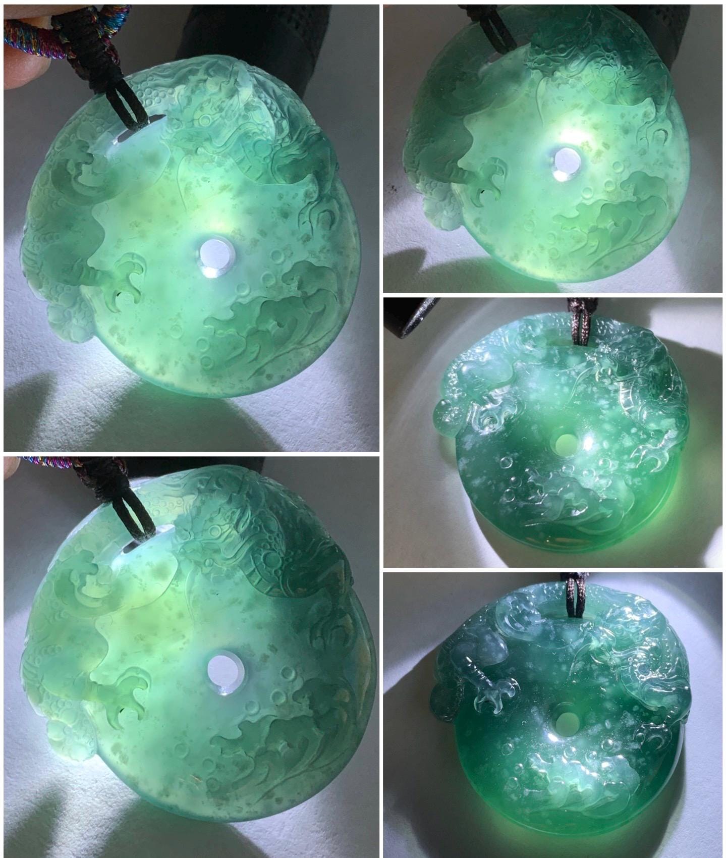 Natural Guatemalan Icy Translucent Dark Teal Blue Snowflake Marbled Jadeite Dragon Ping An Kou Donut Pendant Rope Necklace 天然冰胶危深蓝翡翠盘龙平安扣项链