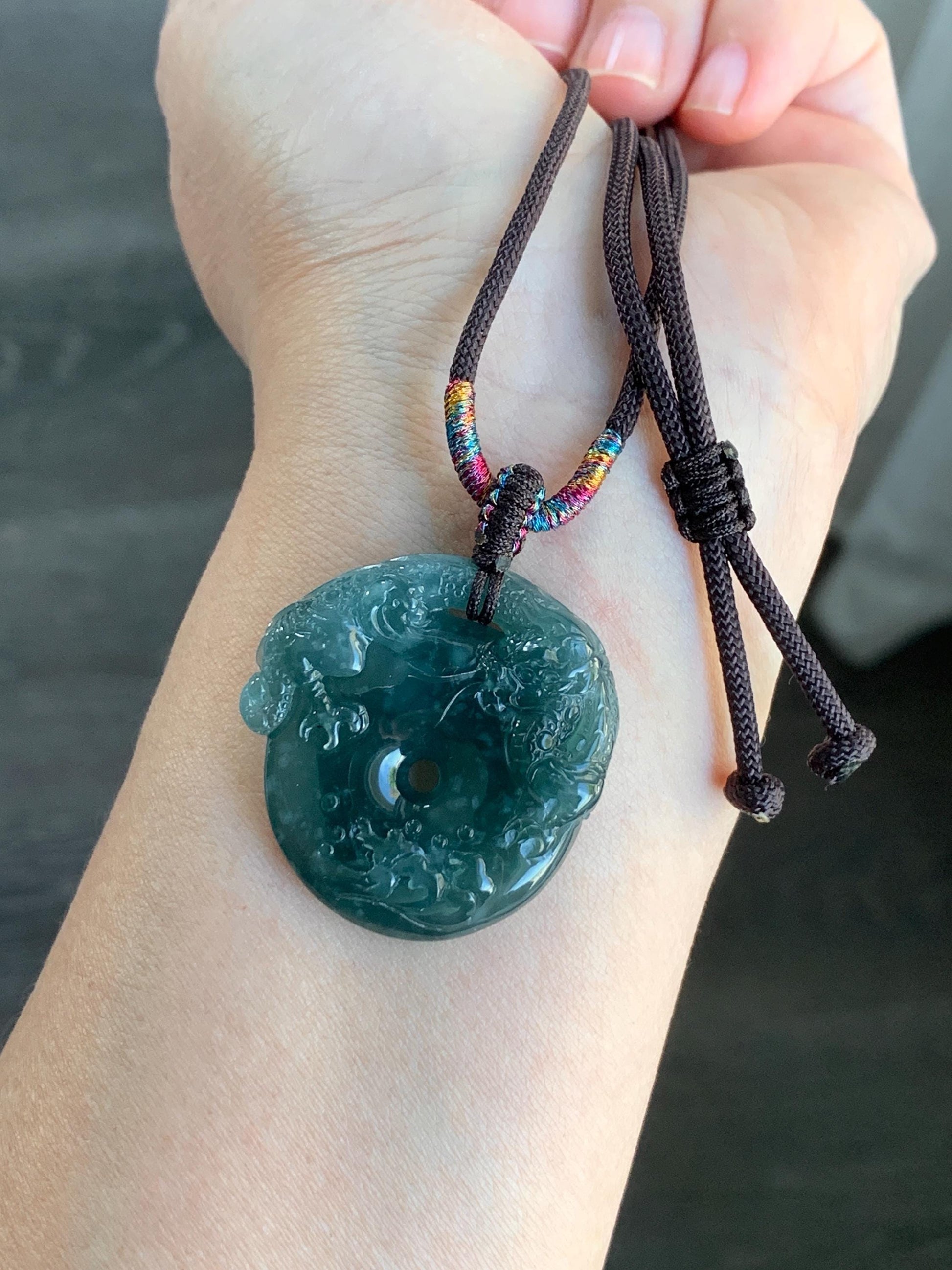 Natural Guatemalan Icy Translucent Dark Teal Blue Snowflake Marbled Jadeite Dragon Ping An Kou Donut Pendant Rope Necklace 天然冰胶危深蓝翡翠盘龙平安扣项链