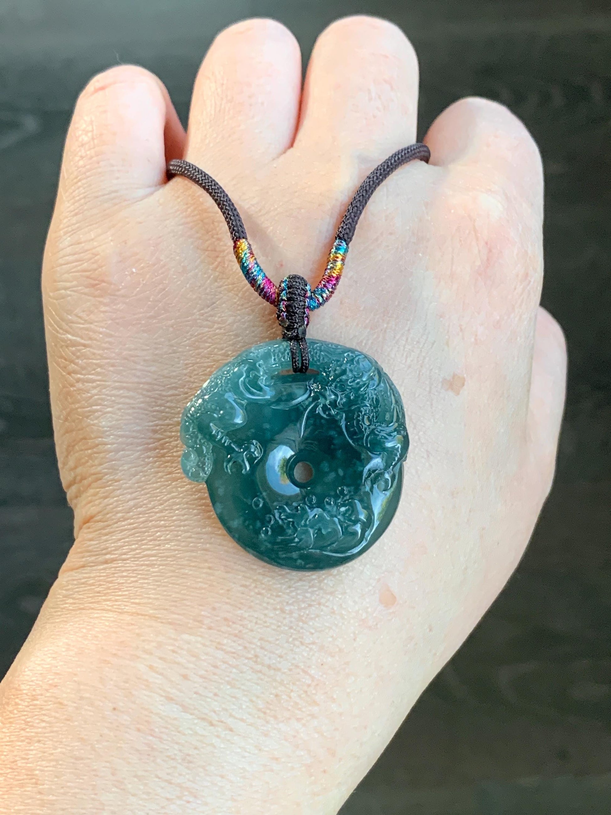 Natural Guatemalan Icy Translucent Dark Teal Blue Snowflake Marbled Jadeite Dragon Ping An Kou Donut Pendant Rope Necklace 天然冰胶危深蓝翡翠盘龙平安扣项链