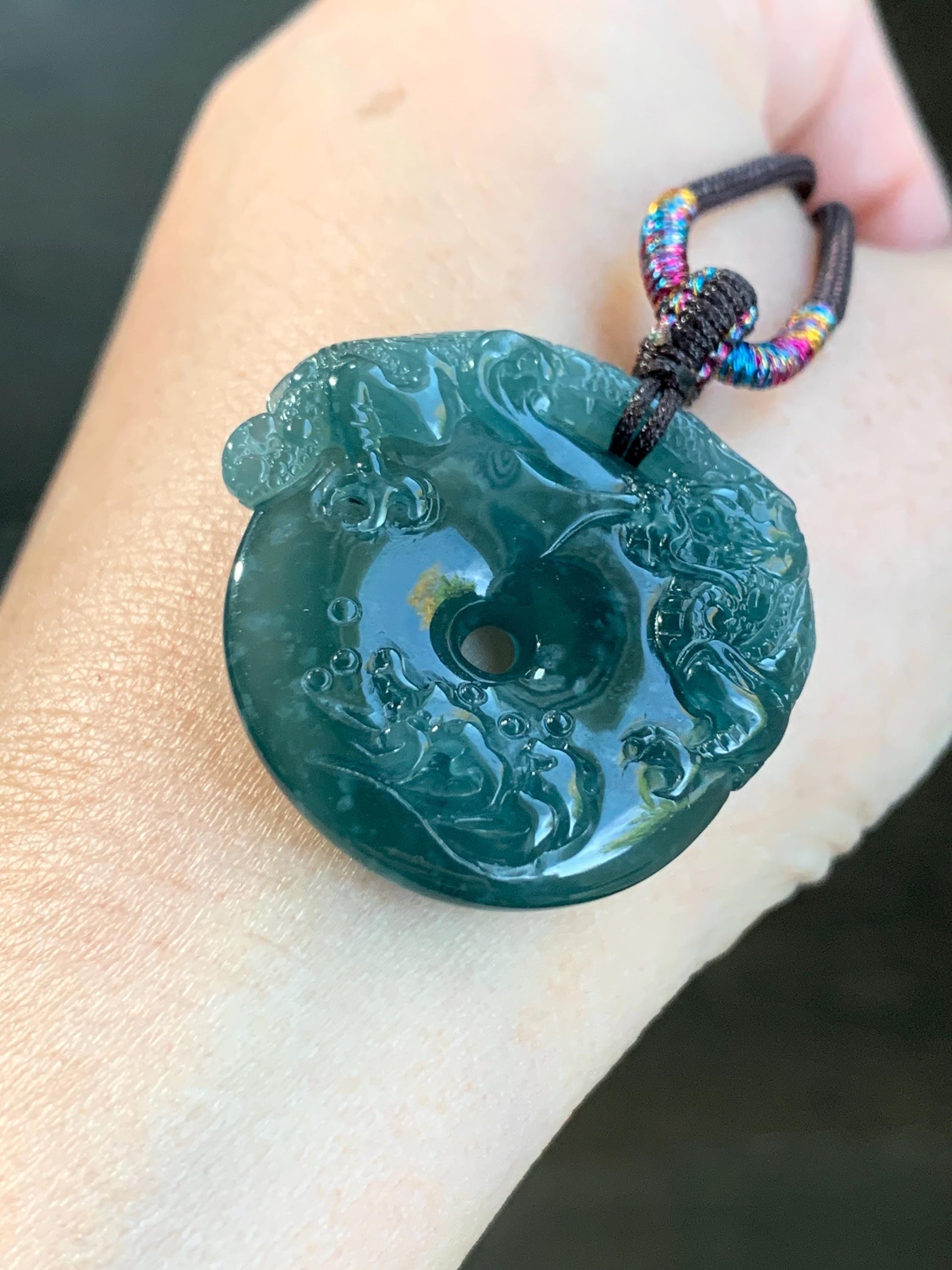 Natural Guatemalan Icy Translucent Dark Teal Blue Snowflake Marbled Jadeite Dragon Ping An Kou Donut Pendant Rope Necklace 天然冰胶危深蓝翡翠盘龙平安扣项链