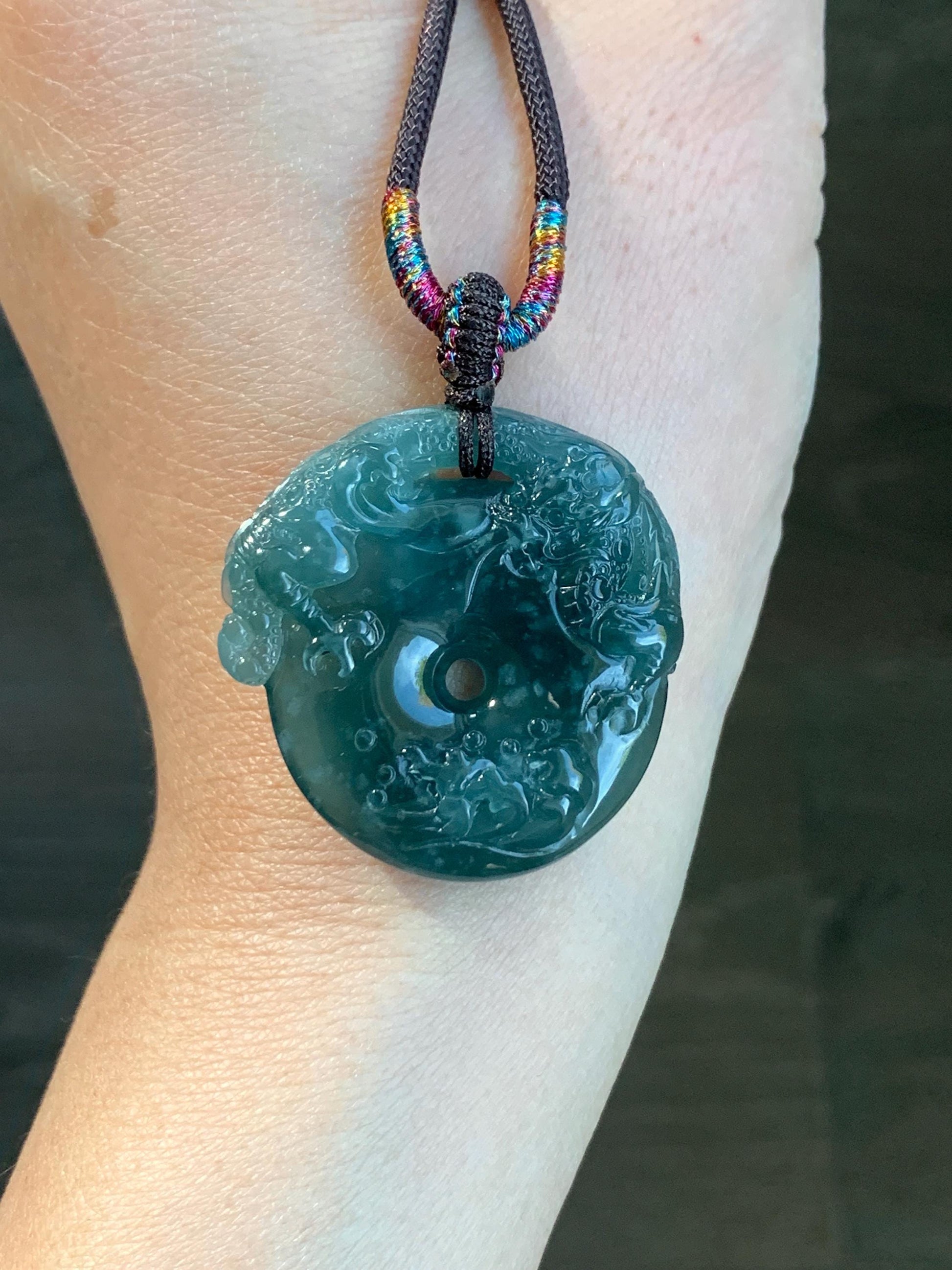 Natural Guatemalan Icy Translucent Dark Teal Blue Snowflake Marbled Jadeite Dragon Ping An Kou Donut Pendant Rope Necklace 天然冰胶危深蓝翡翠盘龙平安扣项链