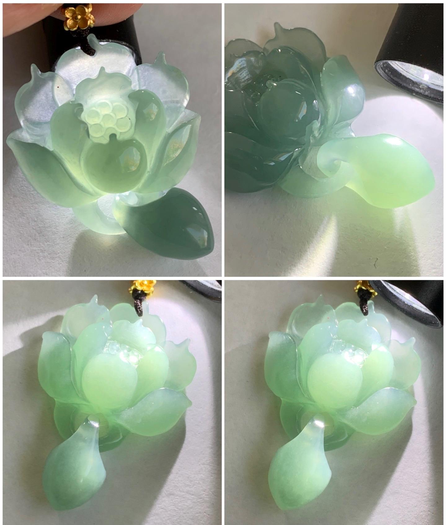 Certified Natural Guatemalan Icy Translucent Light Teal Blue Jadeite Lotus Flower Interlocked Teardrop Pendant Necklace 天然冰胶危浅蓝翡翠荷花环环相扣吊坠