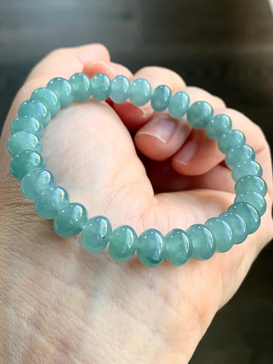 Natural Guatemalan Icy Highly Translucent Gelatinous Teal Blue Jadeite Drum Beads Beaded Bracelet Stretchy 6.75” 22g 天然冰危蓝翡翠鼓珠手串 LLG1122