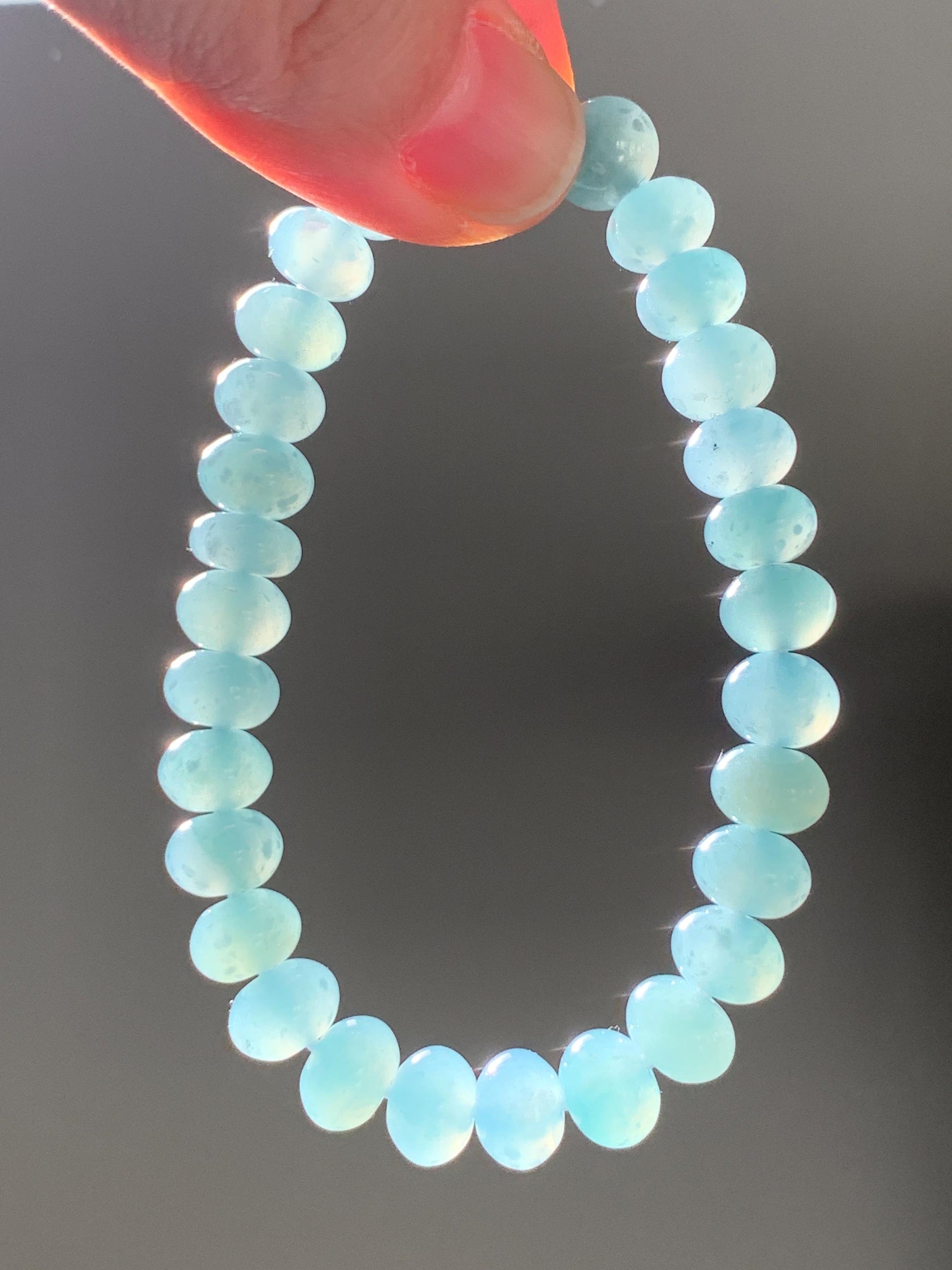 Natural Guatemalan Icy Highly Translucent Gelatinous Teal Blue Jadeite Drum Beads Beaded Bracelet Stretchy 6.75” 22g 天然冰危蓝翡翠鼓珠手串 LLG1122