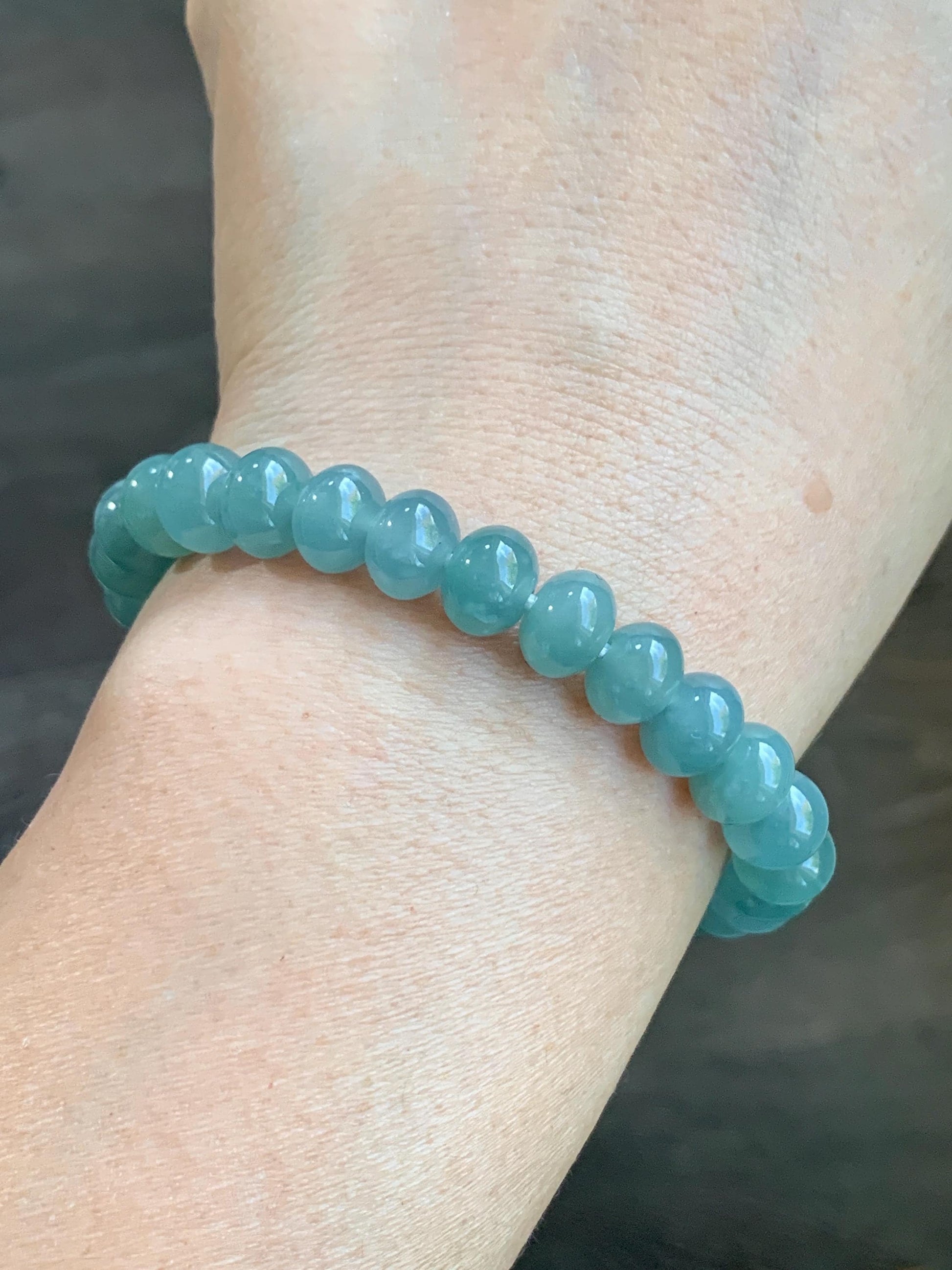 Natural Guatemalan Icy Highly Translucent Gelatinous Teal Blue Jadeite Drum Beads Beaded Bracelet Stretchy 6.75” 22g 天然冰危蓝翡翠鼓珠手串 LLG1122