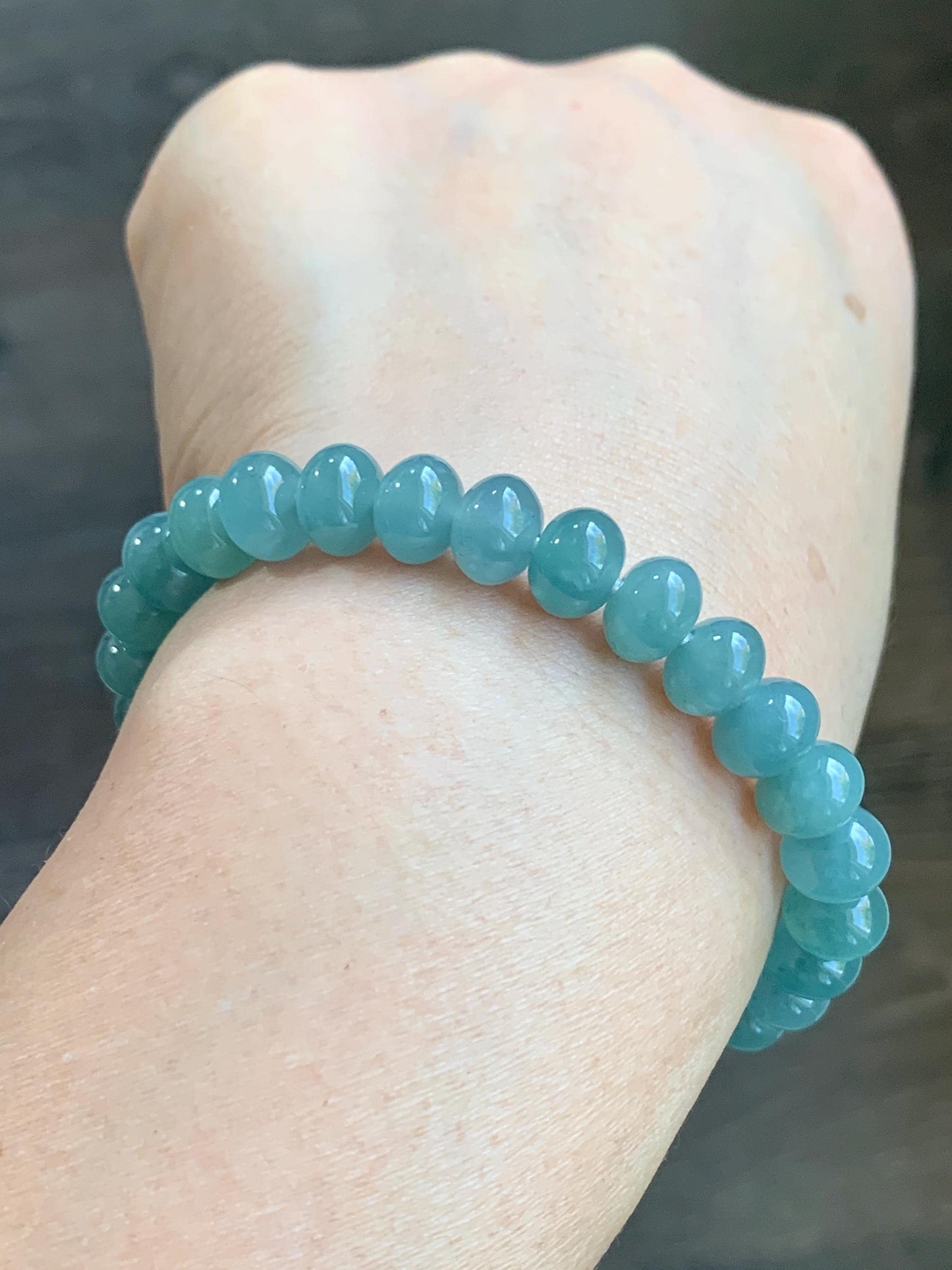 Natural Guatemalan Icy Highly Translucent Gelatinous Teal Blue Jadeite Drum Beads Beaded Bracelet Stretchy 6.75” 22g 天然冰危蓝翡翠鼓珠手串 LLG1122