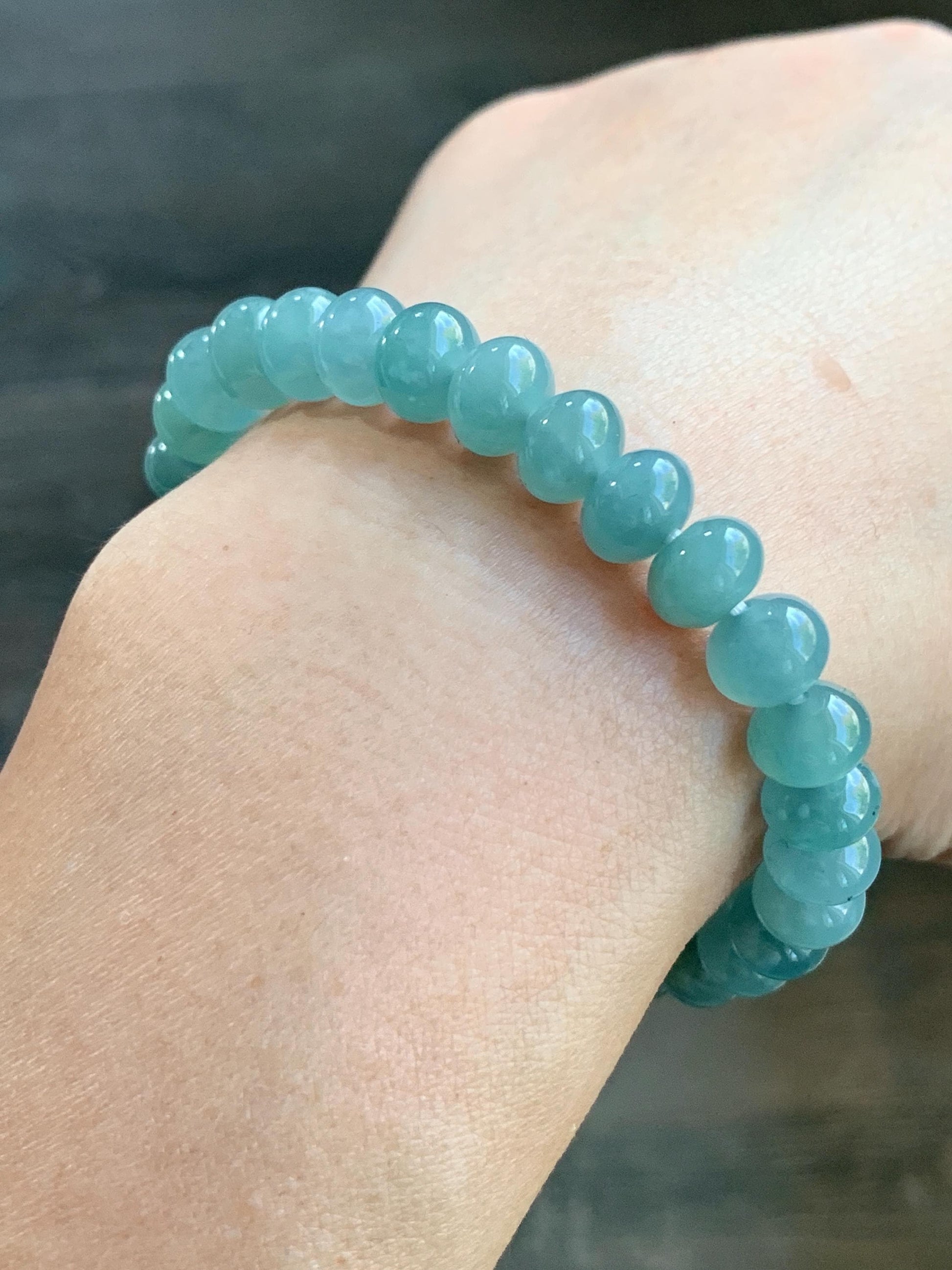 Natural Guatemalan Icy Highly Translucent Gelatinous Teal Blue Jadeite Drum Beads Beaded Bracelet Stretchy 6.75” 22g 天然冰危蓝翡翠鼓珠手串 LLG1122