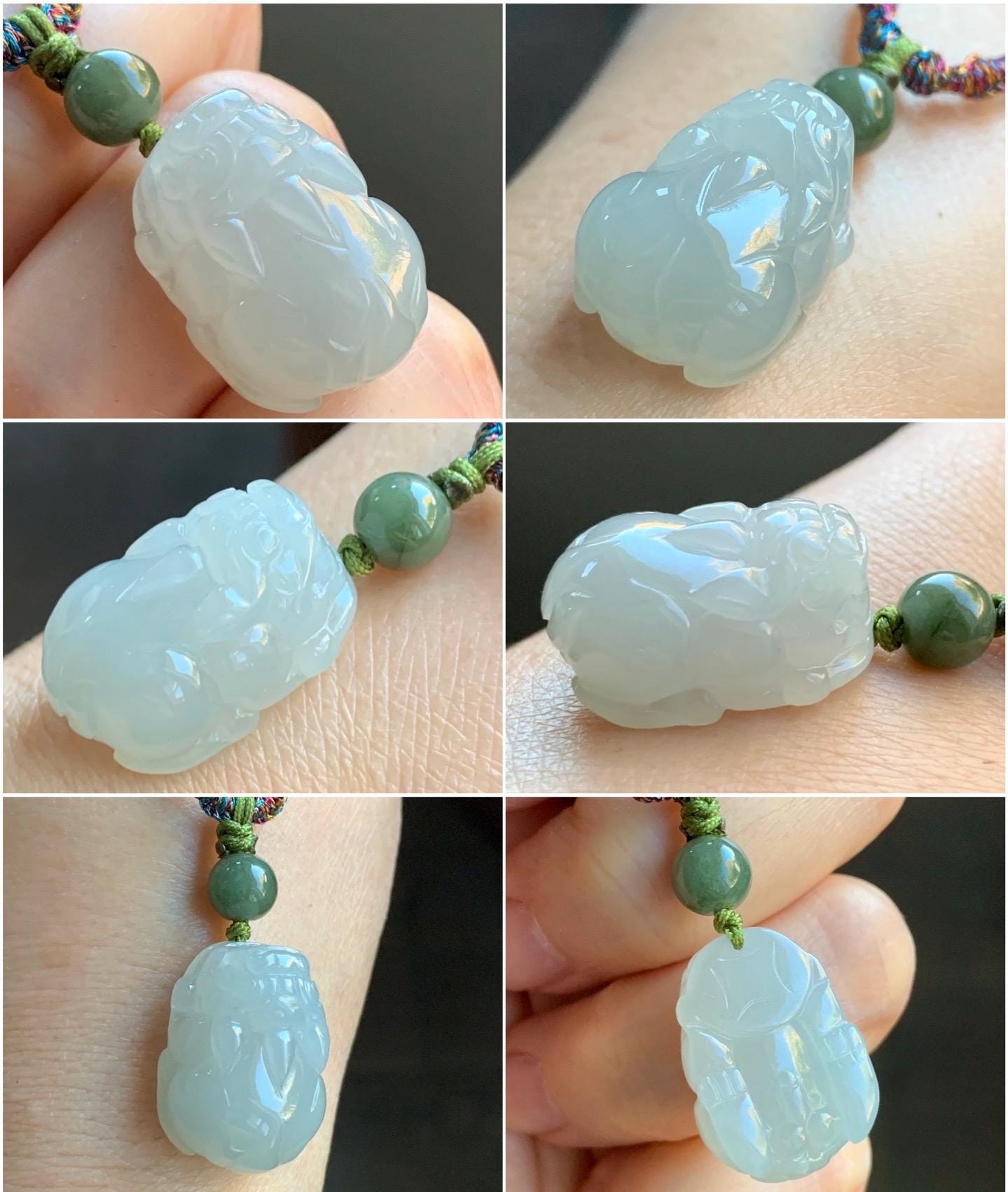 Natural Burmese Icy Translucent Gelatinous Light Dusty Green Jadeite Pixiu Pendant Rope Necklace Adjustable 25” 8g 天然缅甸冰胶晴底翡翠貔貅吊坠