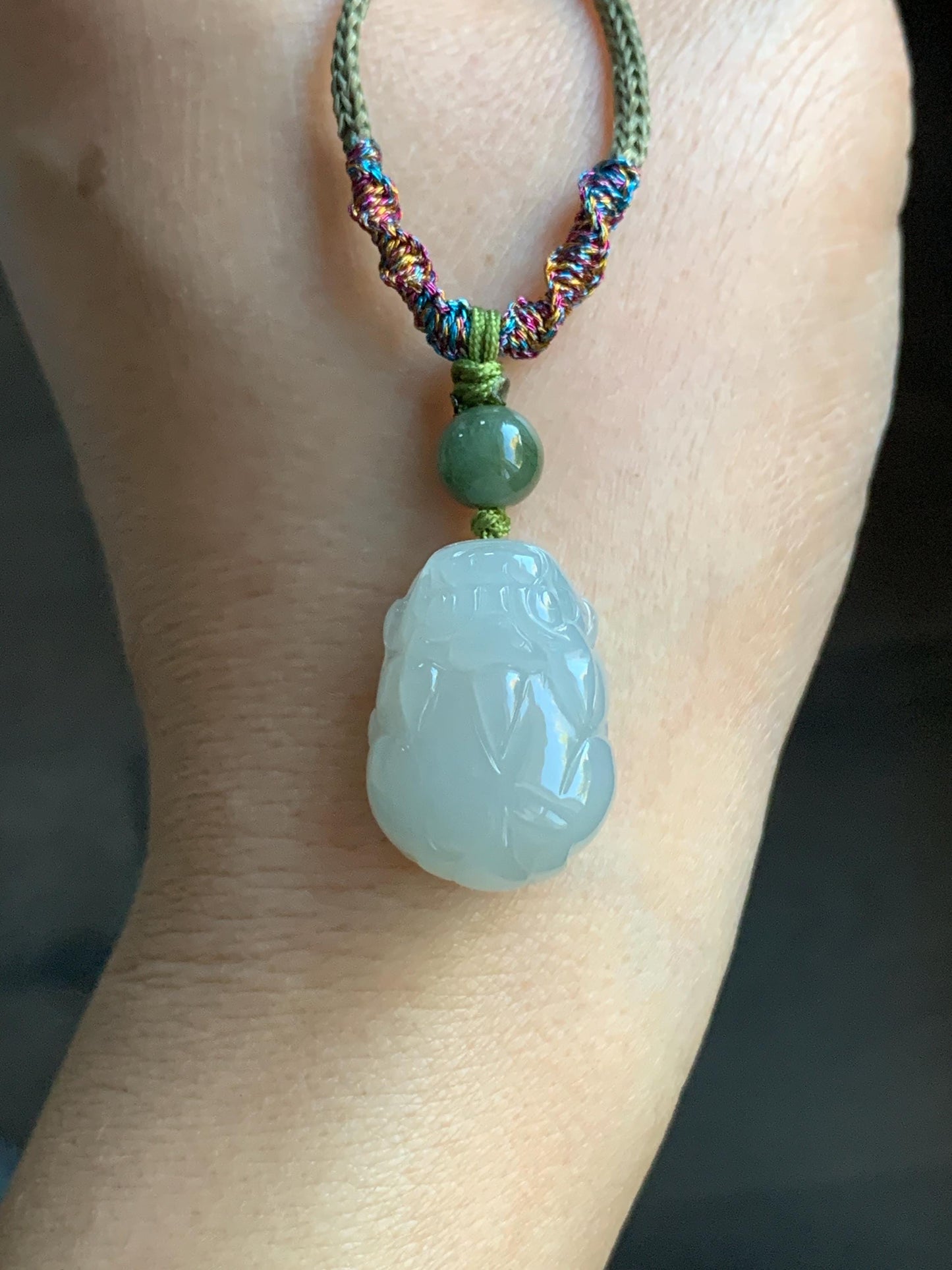 Natural Burmese Icy Translucent Gelatinous Light Dusty Green Jadeite Pixiu Pendant Rope Necklace Adjustable 25” 8g 天然缅甸冰胶晴底翡翠貔貅吊坠