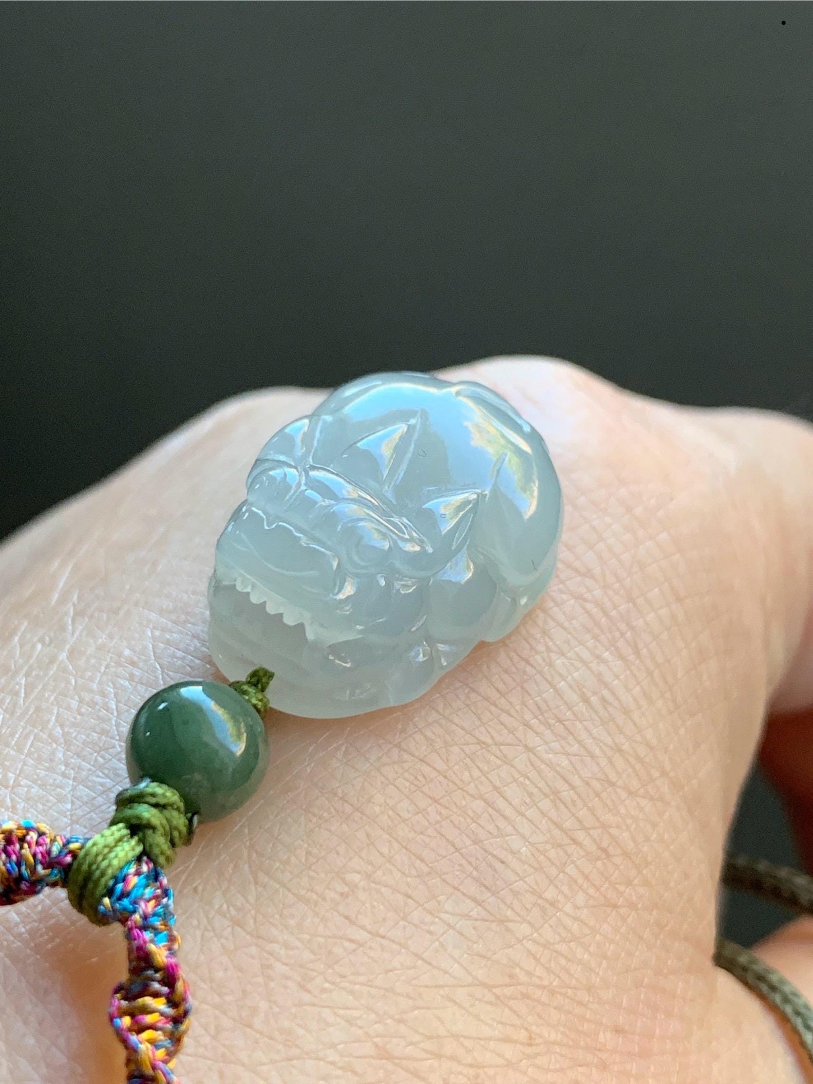 Natural Burmese Icy Translucent Gelatinous Light Dusty Green Jadeite Pixiu Pendant Rope Necklace Adjustable 25” 8g 天然缅甸冰胶晴底翡翠貔貅吊坠