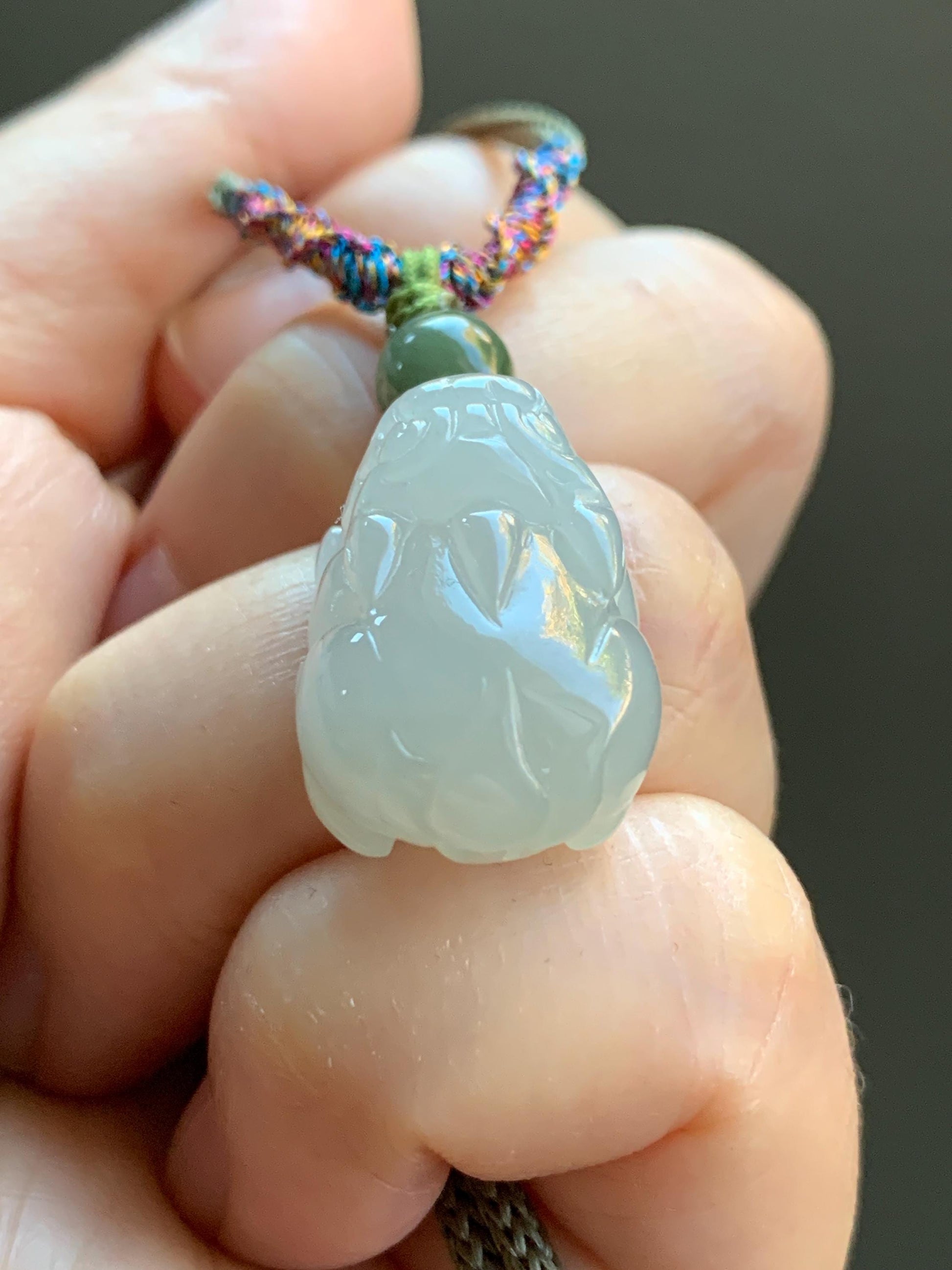 Natural Burmese Icy Translucent Gelatinous Light Dusty Green Jadeite Pixiu Pendant Rope Necklace Adjustable 25” 8g 天然缅甸冰胶晴底翡翠貔貅吊坠