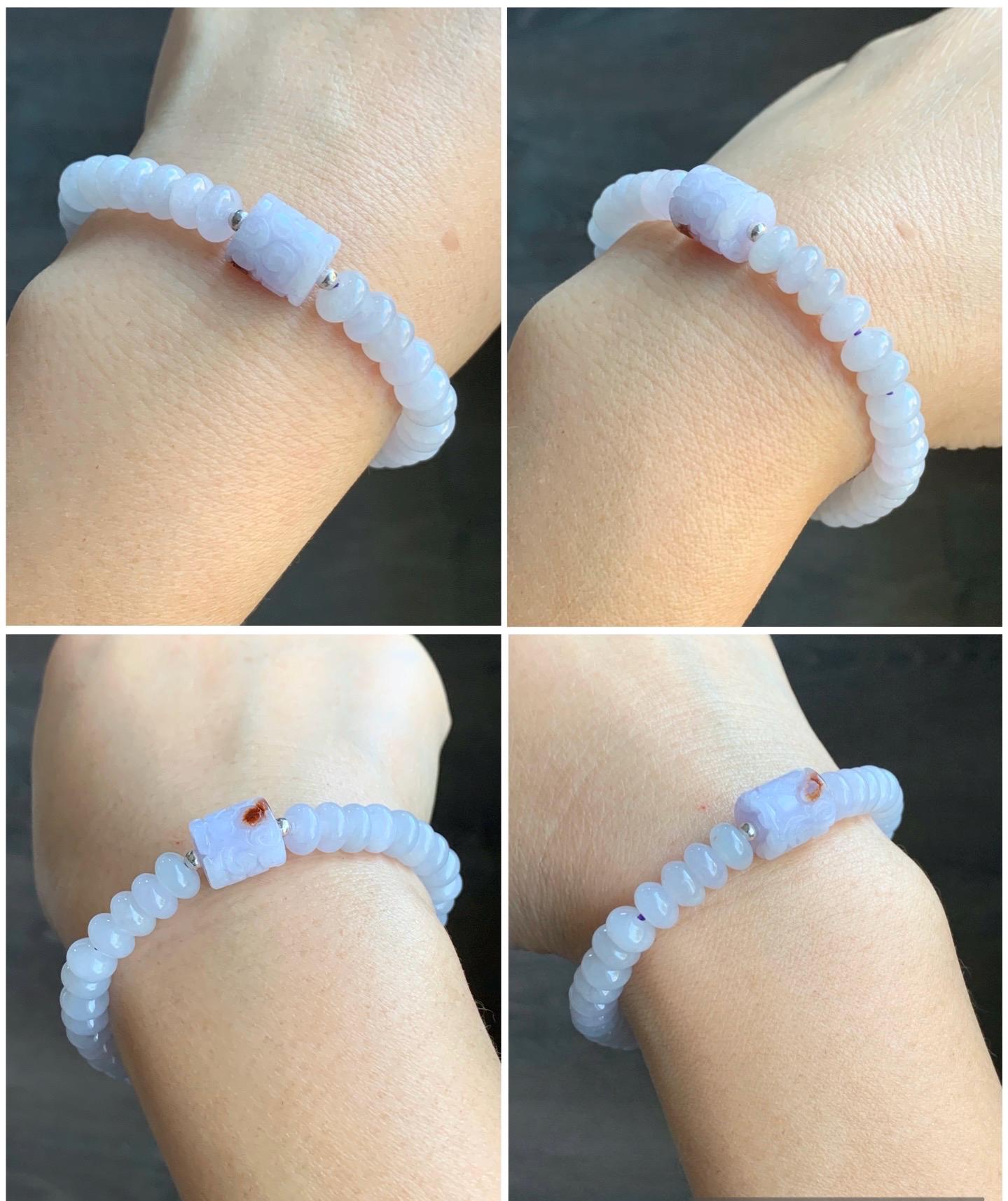 Natural Burmese Icy Translucent Light Lavender Jadeite Engraved Barrel Bead Drum Beads Beaded Bracelet 7.25” 20g 天然缅甸冰淡紫翡翠仿古雕桶珠翡翠鼓珠手串 DZG102