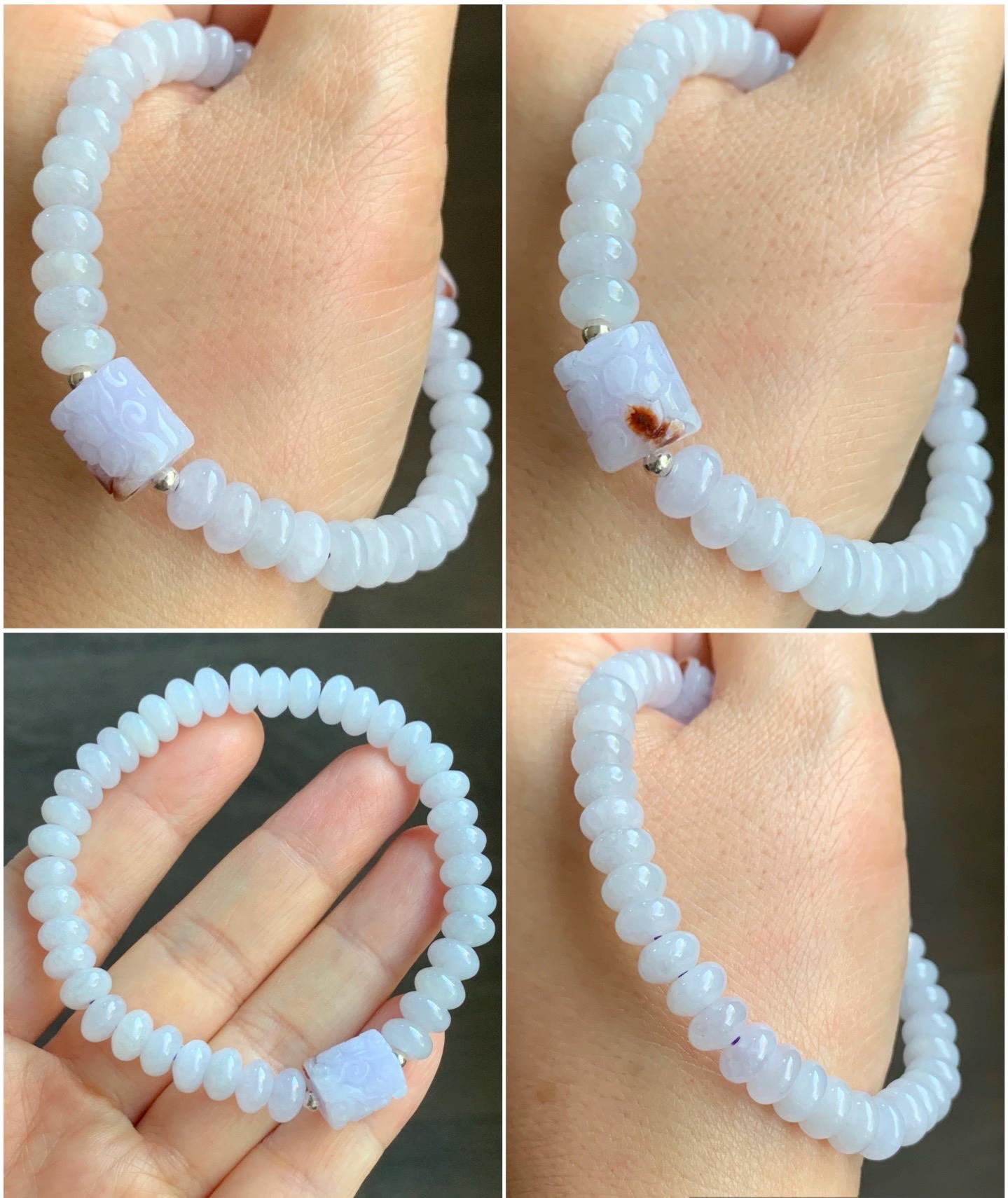 Natural Burmese Icy Translucent Light Lavender Jadeite Engraved Barrel Bead Drum Beads Beaded Bracelet 7.25” 20g 天然缅甸冰淡紫翡翠仿古雕桶珠翡翠鼓珠手串 DZG102