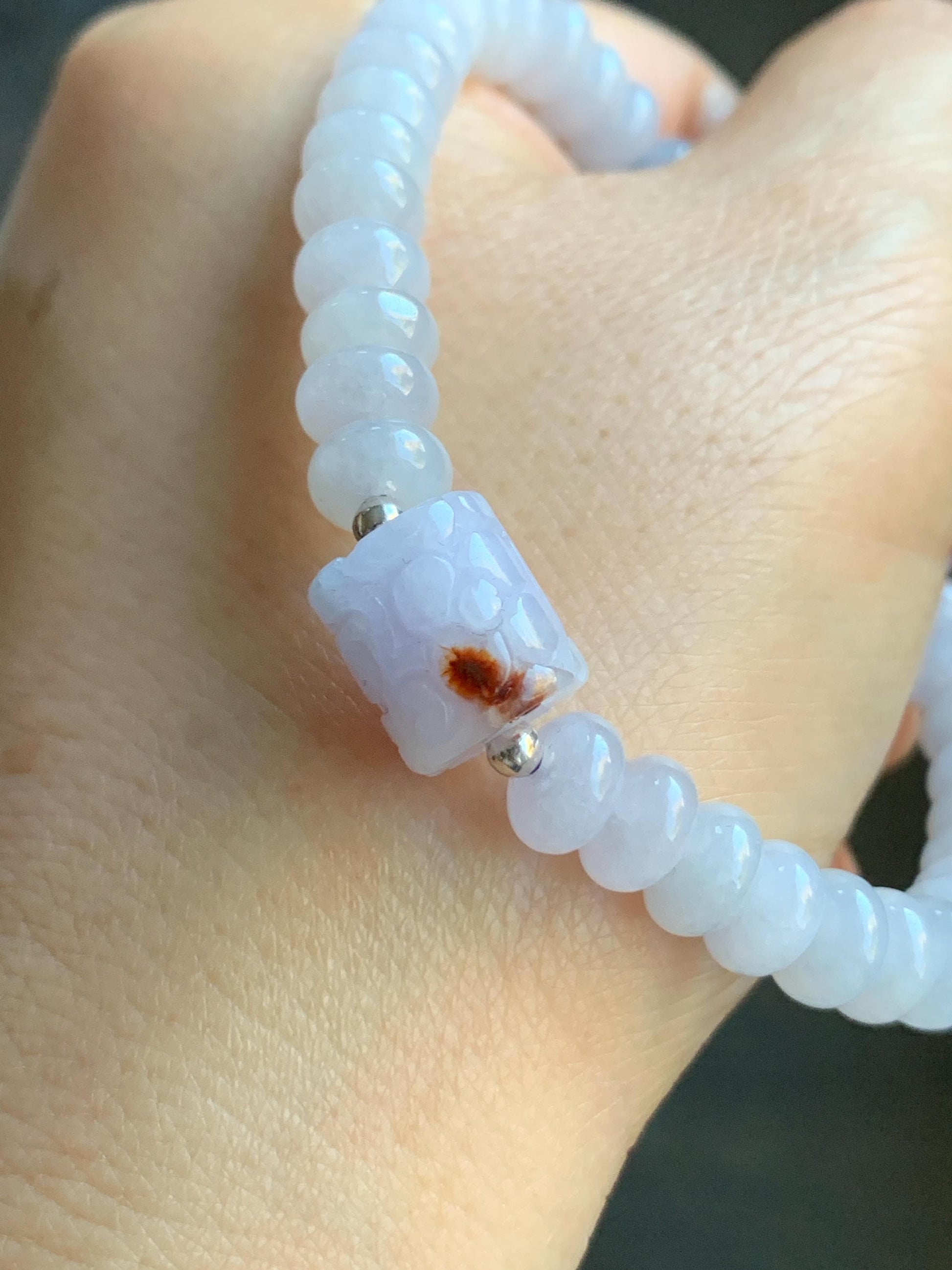 Natural Burmese Icy Translucent Light Lavender Jadeite Engraved Barrel Bead Drum Beads Beaded Bracelet 7.25” 20g 天然缅甸冰淡紫翡翠仿古雕桶珠翡翠鼓珠手串 DZG102