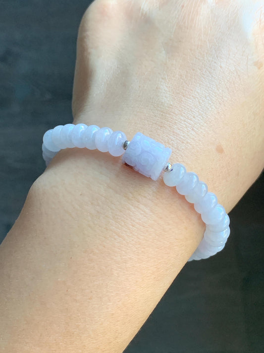 Natural Burmese Icy Translucent Light Lavender Jadeite Engraved Barrel Bead Drum Beads Beaded Bracelet 7.25” 20g 天然缅甸冰淡紫翡翠仿古雕桶珠翡翠鼓珠手串 DZG102