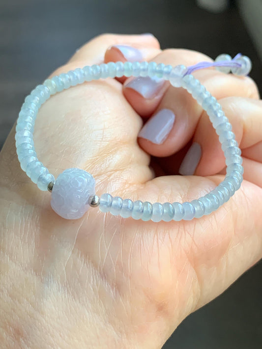 Natural Burmese Icy Translucent Light Lavender Jadeite Engraved Barrel Bead Flat Beads Beaded Bracelet 7” 8g 天然缅甸冰淡紫翡翠仿古雕桶珠翡翠算盘珠手串 ZSP43