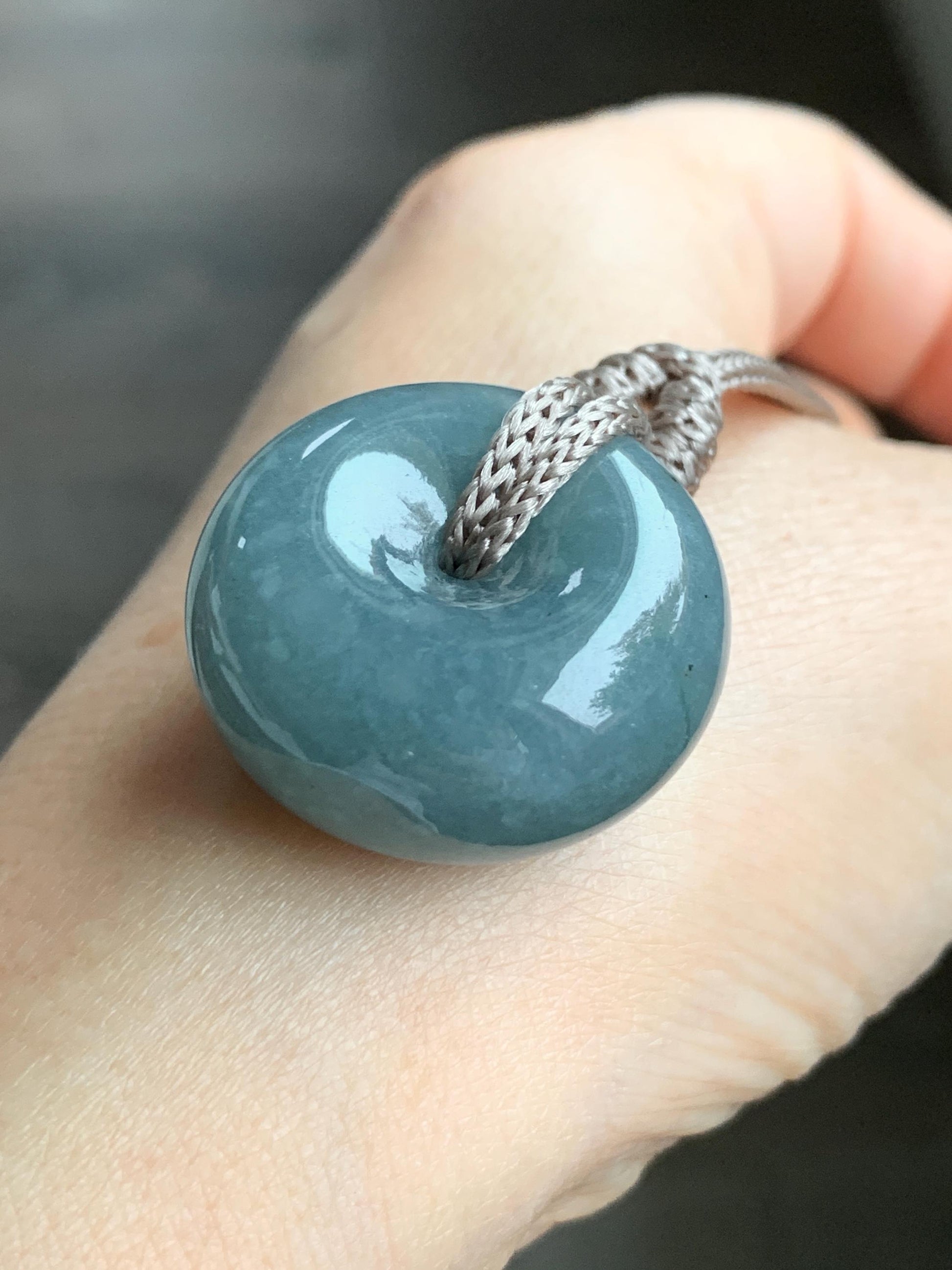 Large Natural Guatemalan Icy Translucent Dark Teal Blue Jadeite Thick Ping An Kou Donut Pendant Rope Necklace Adjustable 25" 天然冰危深蓝翡翠平安肥扣吊坠