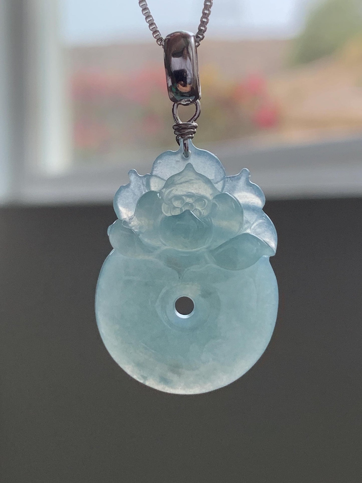 Natural Guatemalan Icy Translucent Light Dusty Blue Jadeite Lotus Flower Ping An Kou Donut Pendant Sterling Silver 天然冰危浅蓝翡翠莲花平安扣吊坠