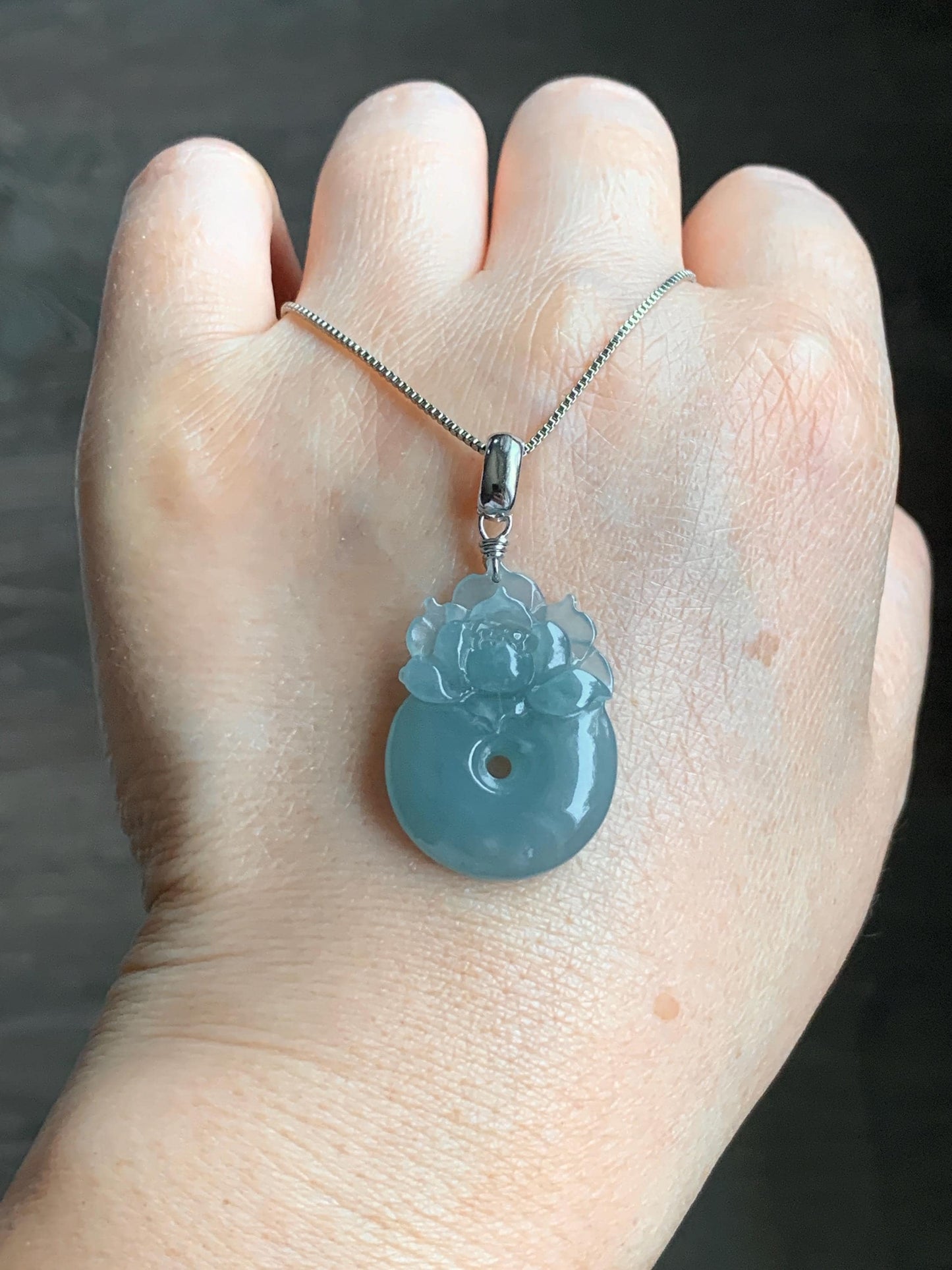 Natural Guatemalan Icy Translucent Light Dusty Blue Jadeite Lotus Flower Ping An Kou Donut Pendant Sterling Silver 天然冰危浅蓝翡翠莲花平安扣吊坠