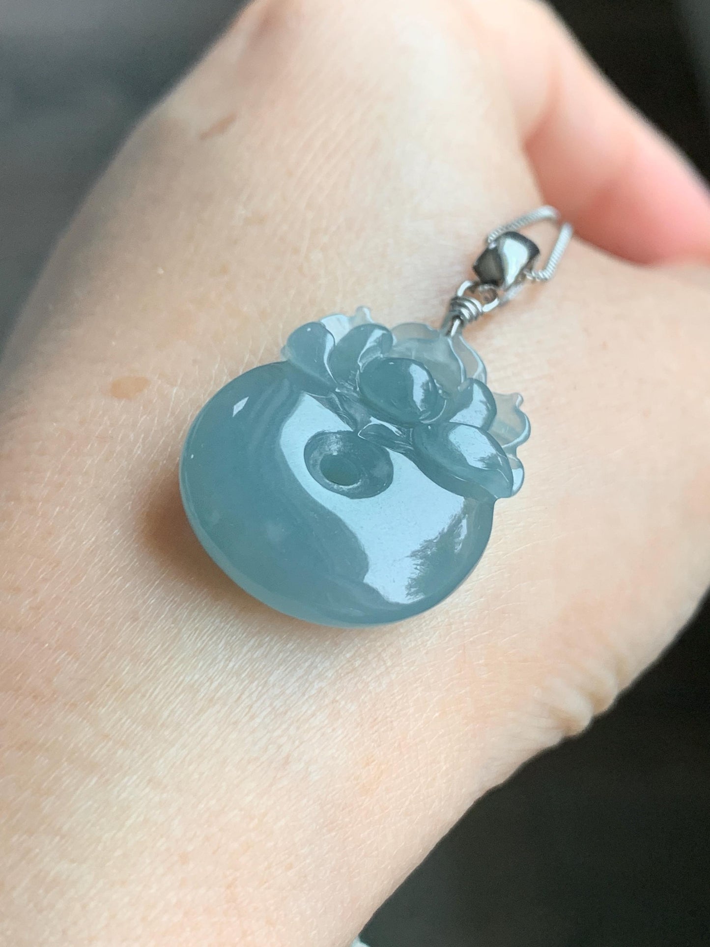 Natural Guatemalan Icy Translucent Light Dusty Blue Jadeite Lotus Flower Ping An Kou Donut Pendant Sterling Silver 天然冰危浅蓝翡翠莲花平安扣吊坠