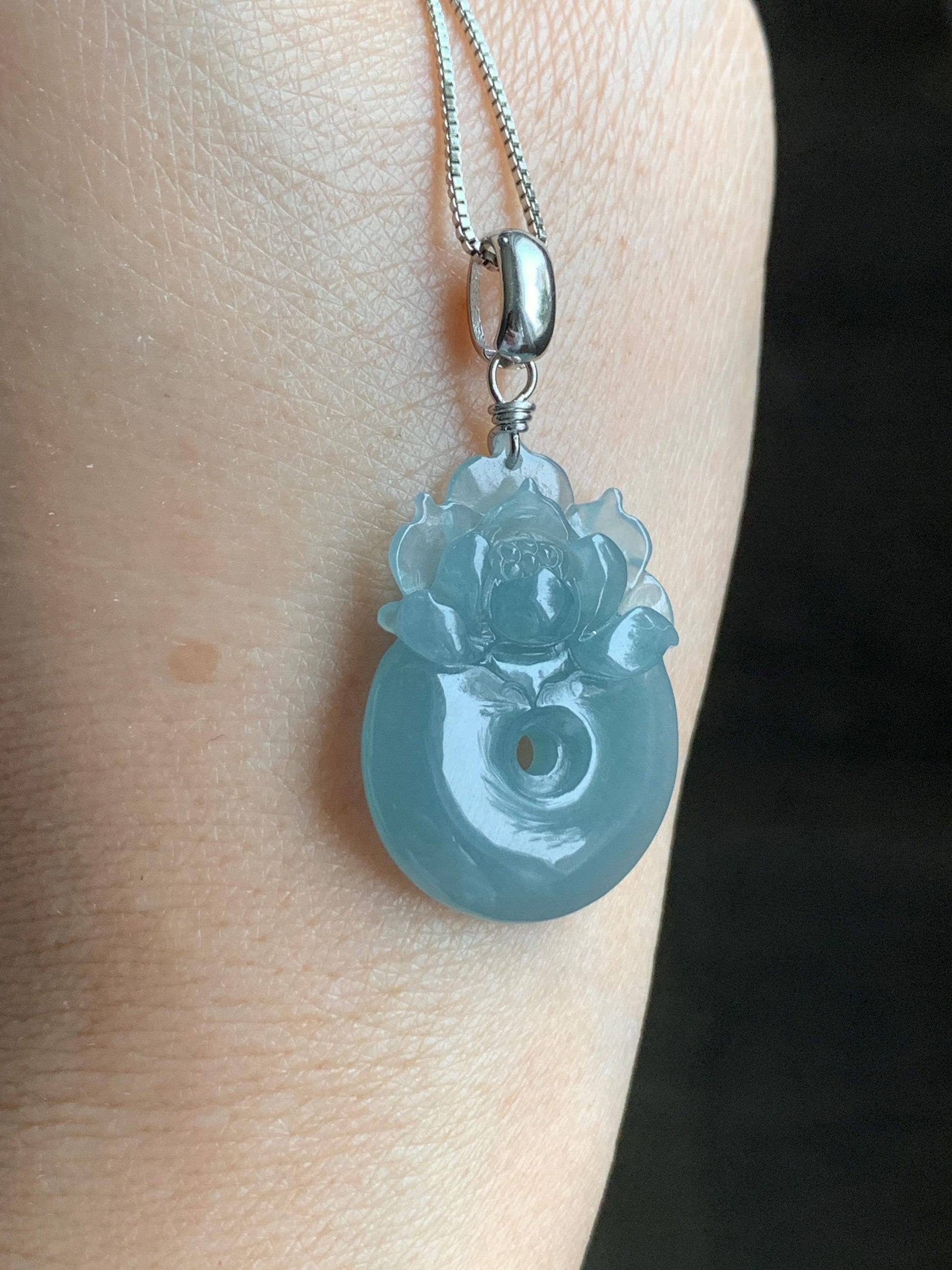 Natural Guatemalan Icy Translucent Light Dusty Blue Jadeite Lotus Flower Ping An Kou Donut Pendant Sterling Silver 天然冰危浅蓝翡翠莲花平安扣吊坠