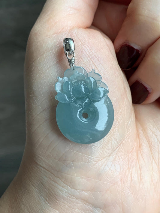 Natural Guatemalan Icy Translucent Light Dusty Blue Jadeite Lotus Flower Ping An Kou Donut Pendant Sterling Silver 天然冰危浅蓝翡翠莲花平安扣吊坠