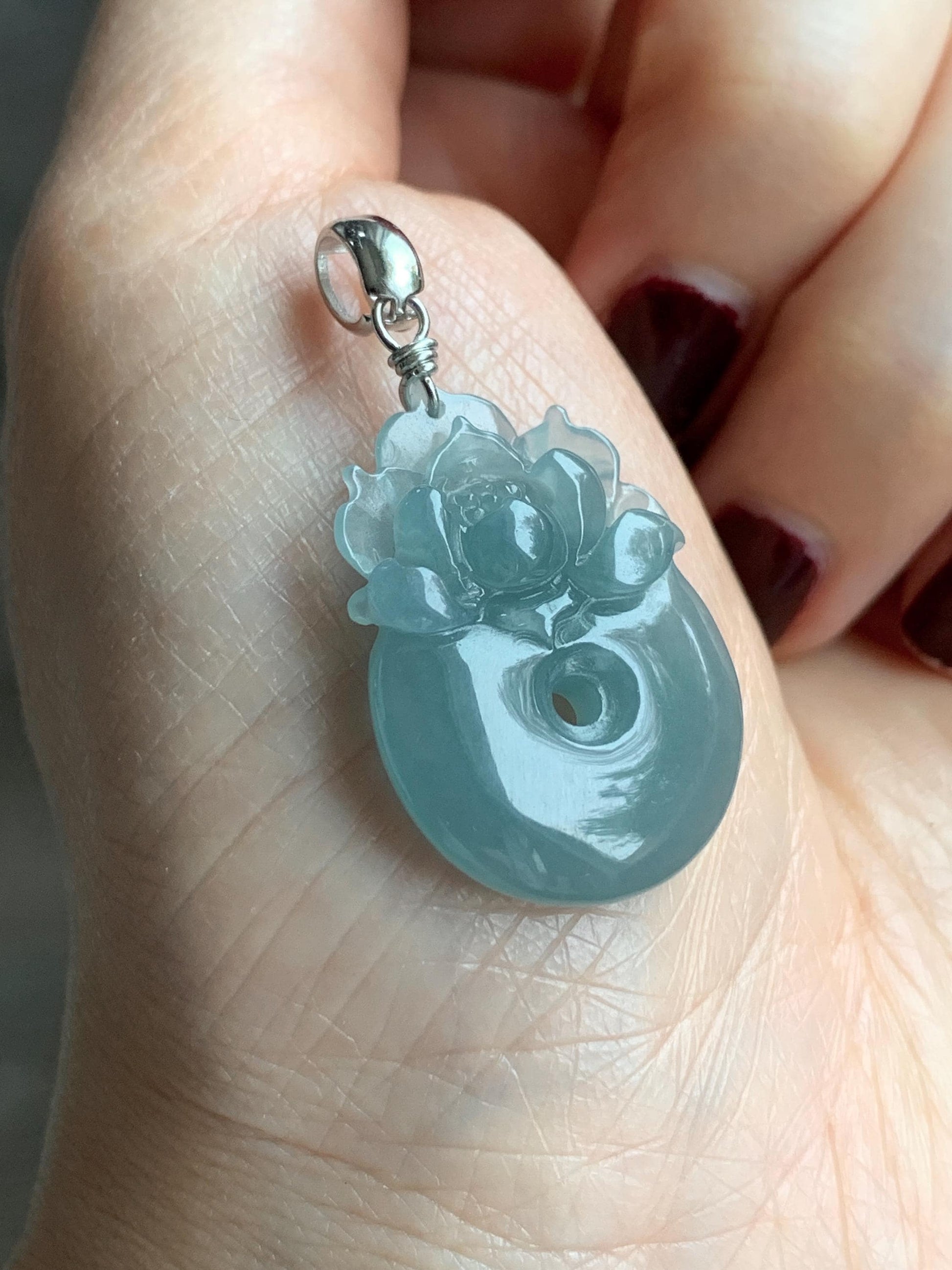 Natural Guatemalan Icy Translucent Light Dusty Blue Jadeite Lotus Flower Ping An Kou Donut Pendant Sterling Silver 天然冰危浅蓝翡翠莲花平安扣吊坠