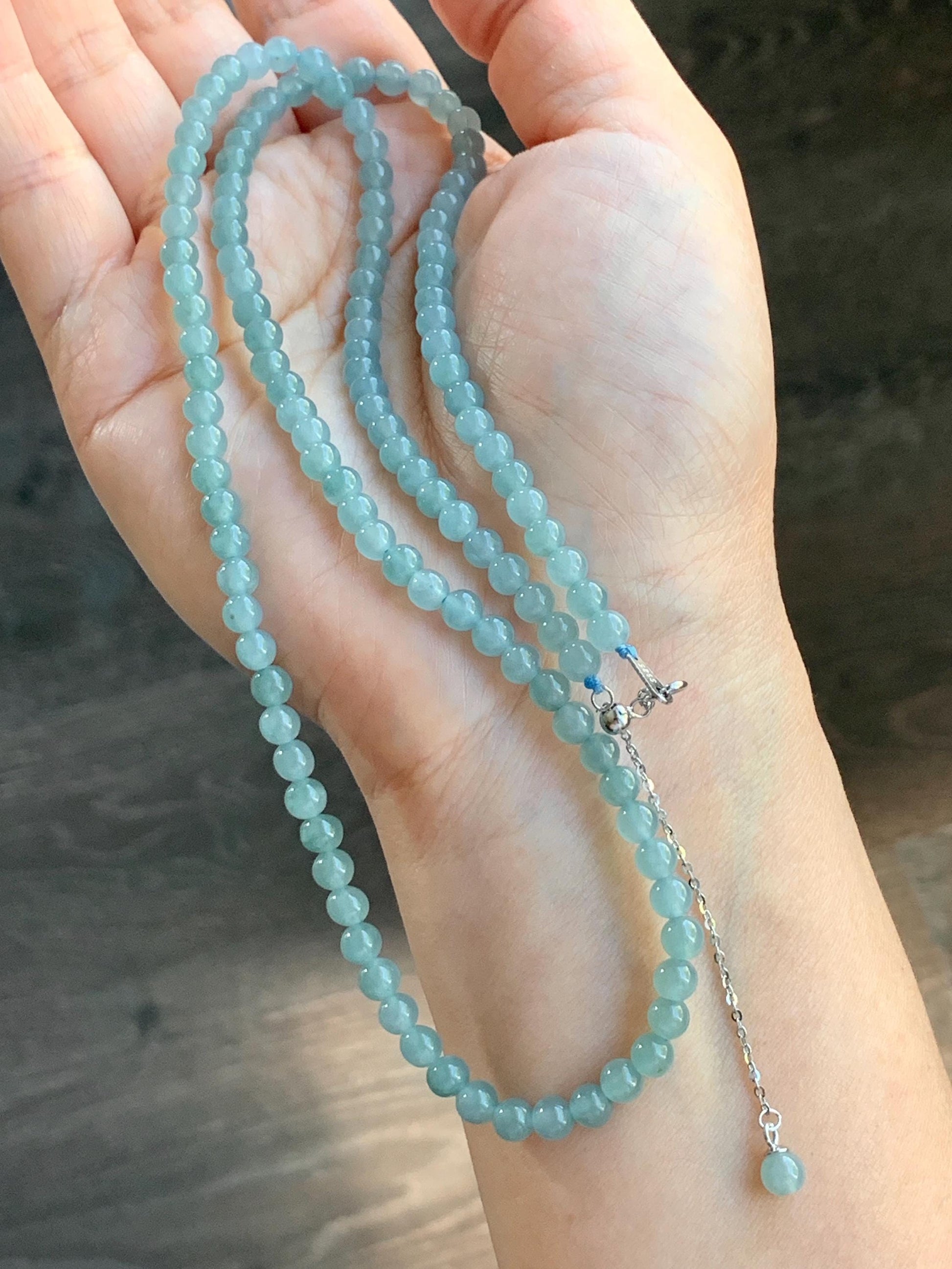 Natural Guatemalan Icy Translucent Light Dusty Blue Jadeite Beaded Necklace Sterling Silver 23” 4.9mm 23g 天然冰危淡蓝翡翠项链 XWB220