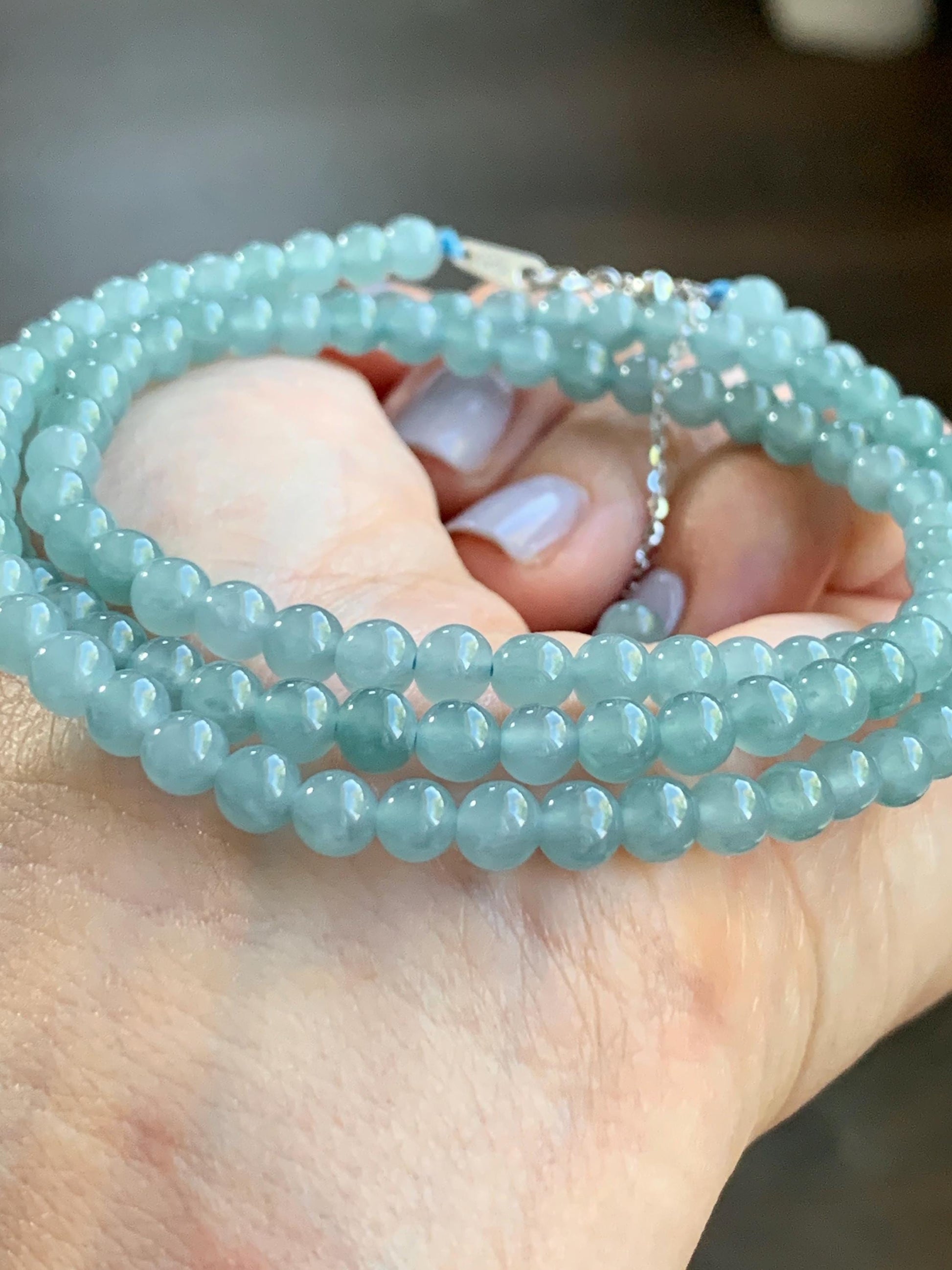 Natural Guatemalan Icy Translucent Light Dusty Blue Jadeite Beaded Necklace Sterling Silver 23” 4.9mm 23g 天然冰危淡蓝翡翠项链 XWB220