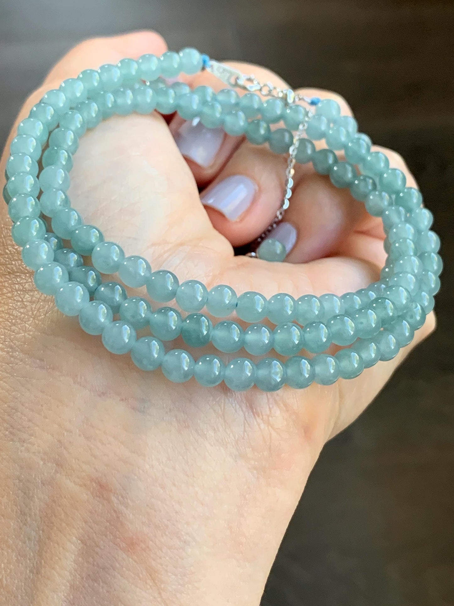 Natural Guatemalan Icy Translucent Light Dusty Blue Jadeite Beaded Necklace Sterling Silver 23” 4.9mm 23g 天然冰危淡蓝翡翠项链 XWB220