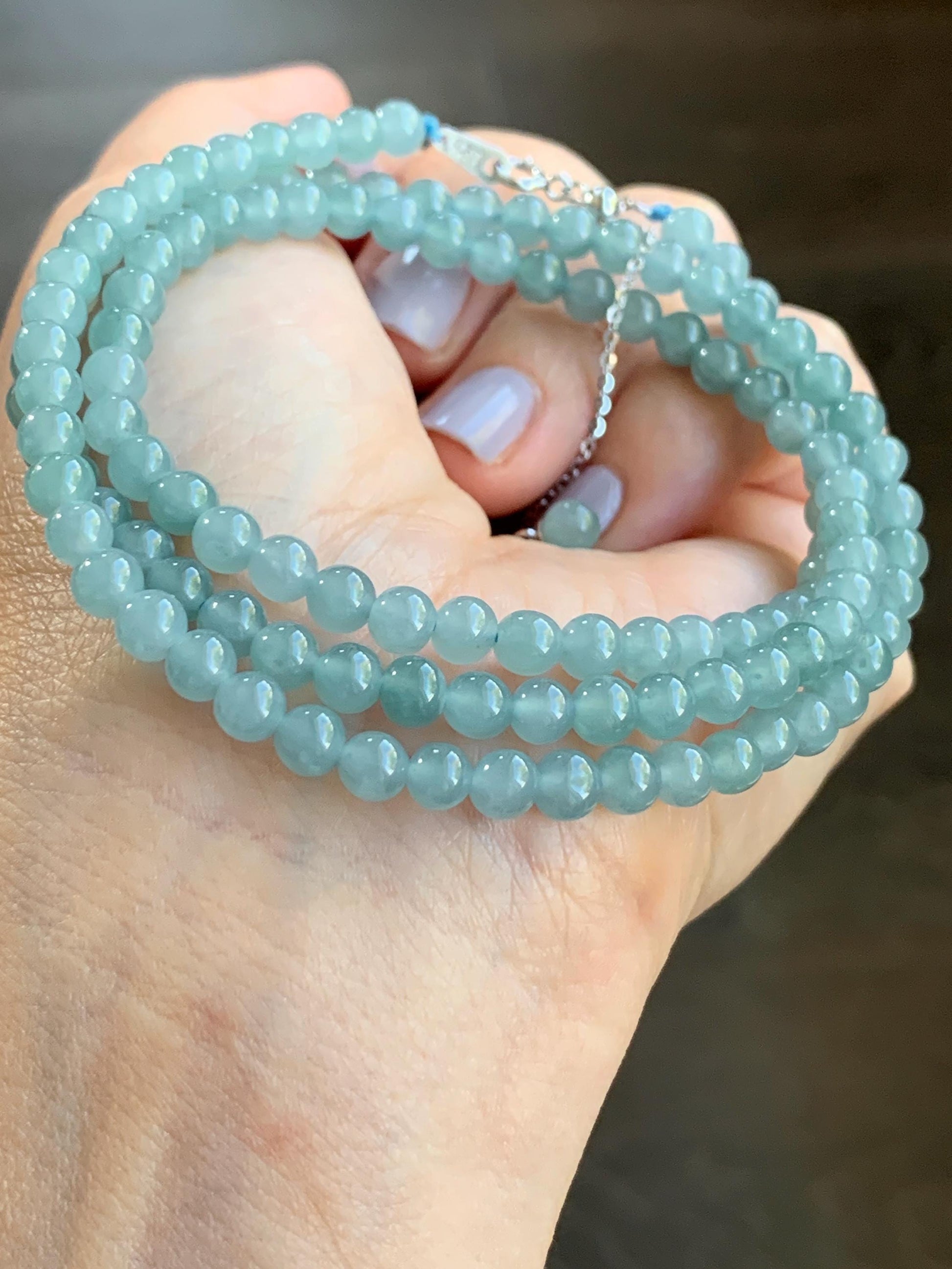 Natural Guatemalan Icy Translucent Light Dusty Blue Jadeite Beaded Necklace Sterling Silver 23” 4.9mm 23g 天然冰危淡蓝翡翠项链 XWB220