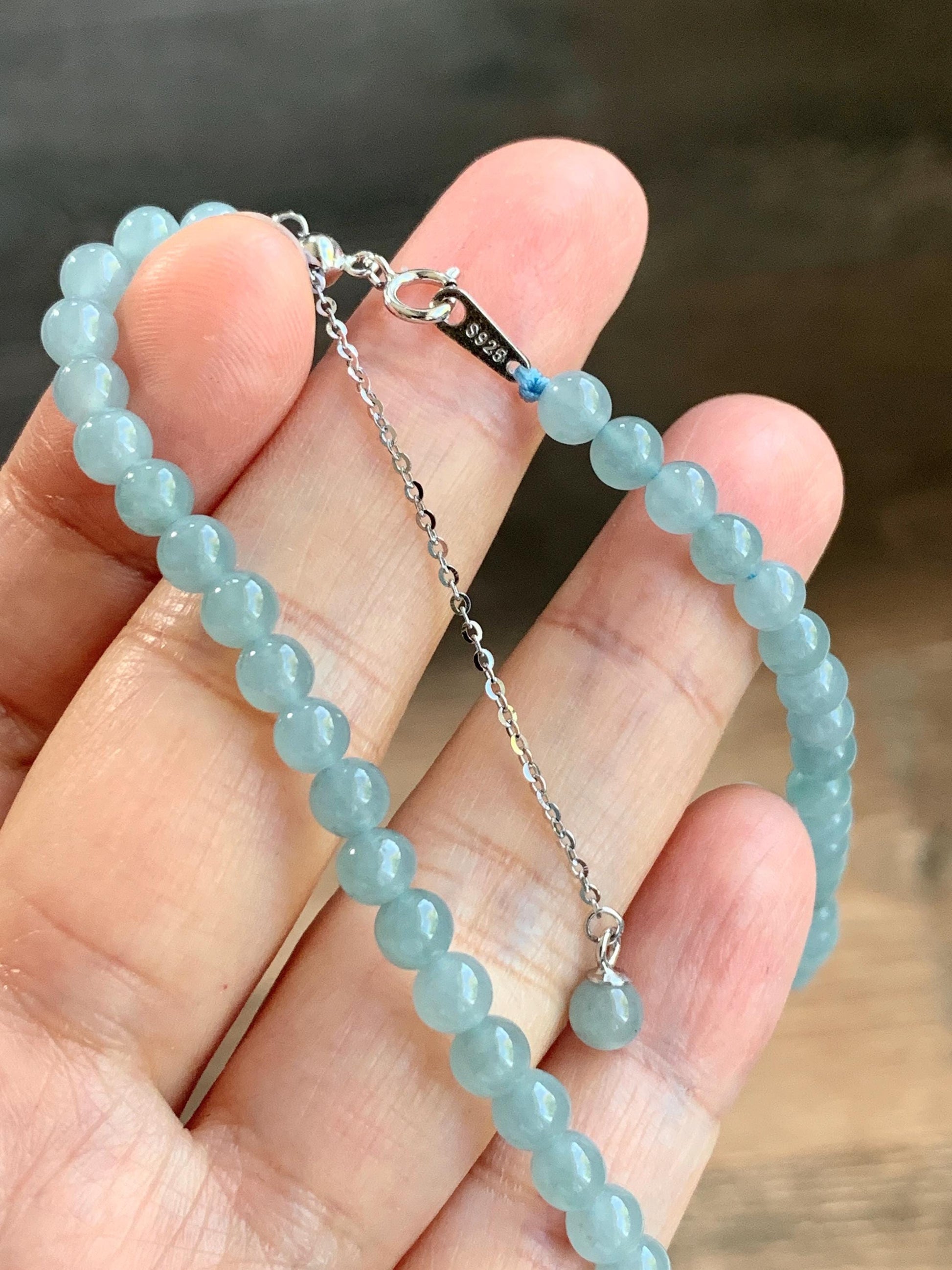 Natural Guatemalan Icy Translucent Light Dusty Blue Jadeite Beaded Necklace Sterling Silver 23” 4.9mm 23g 天然冰危淡蓝翡翠项链 XWB220