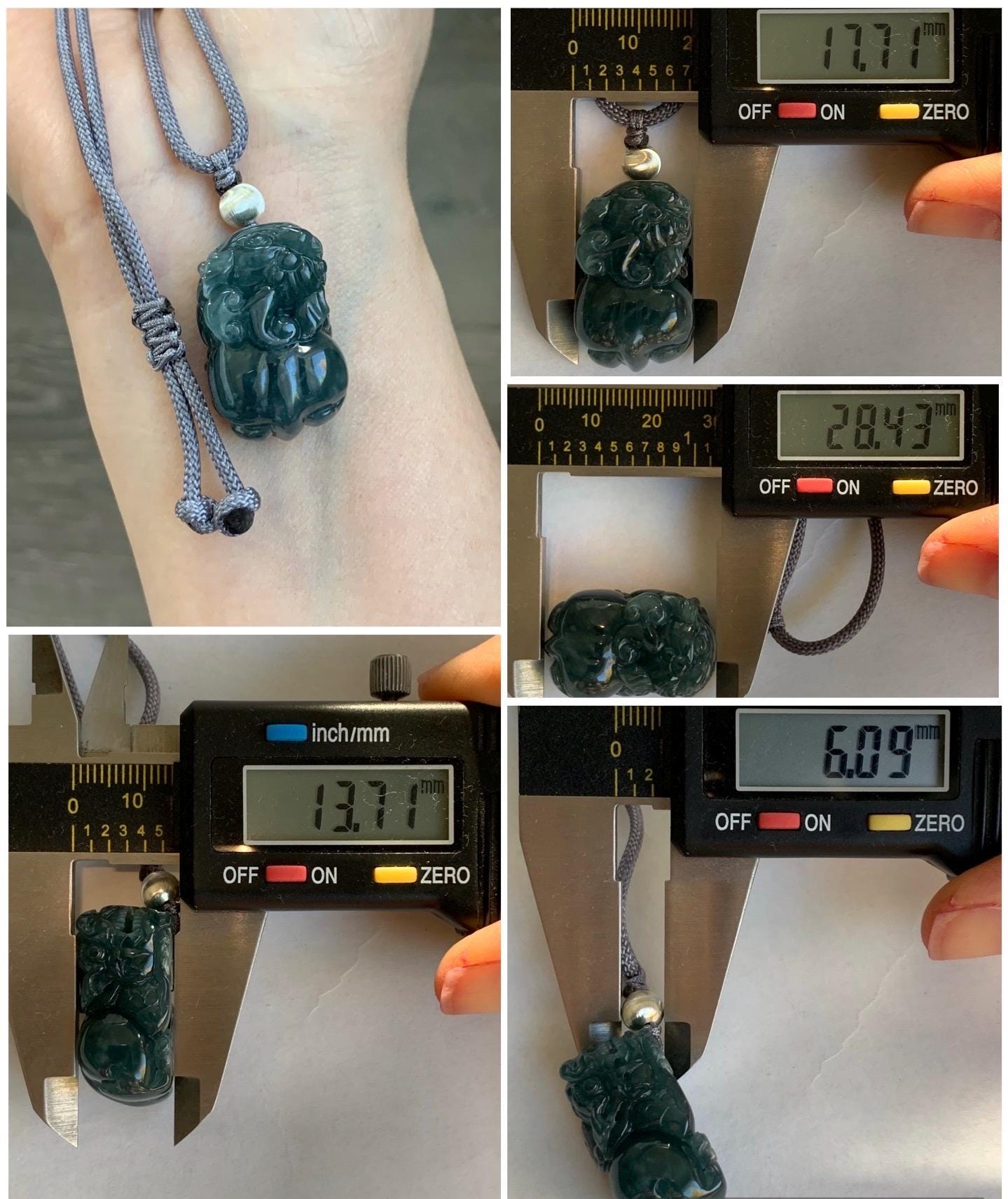 Natural Guatemalan Icy Translucent Gelatinous Dark Teal Blue Jadeite Pixiu Pendant Rope Necklace Sterling Silver 25" 17g 天然老种冰危深蓝水翡翠貔貅吊坠挂件