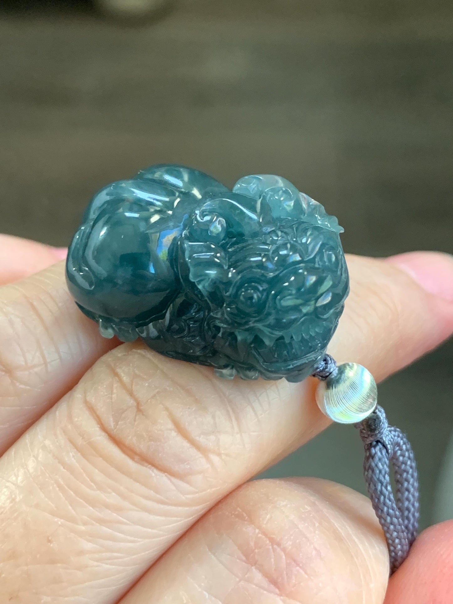 Natural Guatemalan Icy Translucent Gelatinous Dark Teal Blue Jadeite Pixiu Pendant Rope Necklace Sterling Silver 25" 17g 天然老种冰危深蓝水翡翠貔貅吊坠挂件