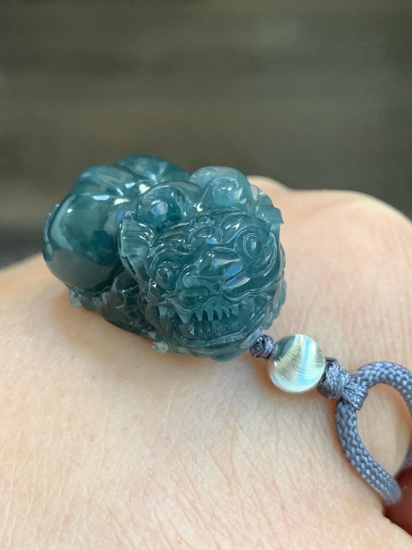 Natural Guatemalan Icy Translucent Gelatinous Dark Teal Blue Jadeite Pixiu Pendant Rope Necklace Sterling Silver 25" 17g 天然老种冰危深蓝水翡翠貔貅吊坠挂件