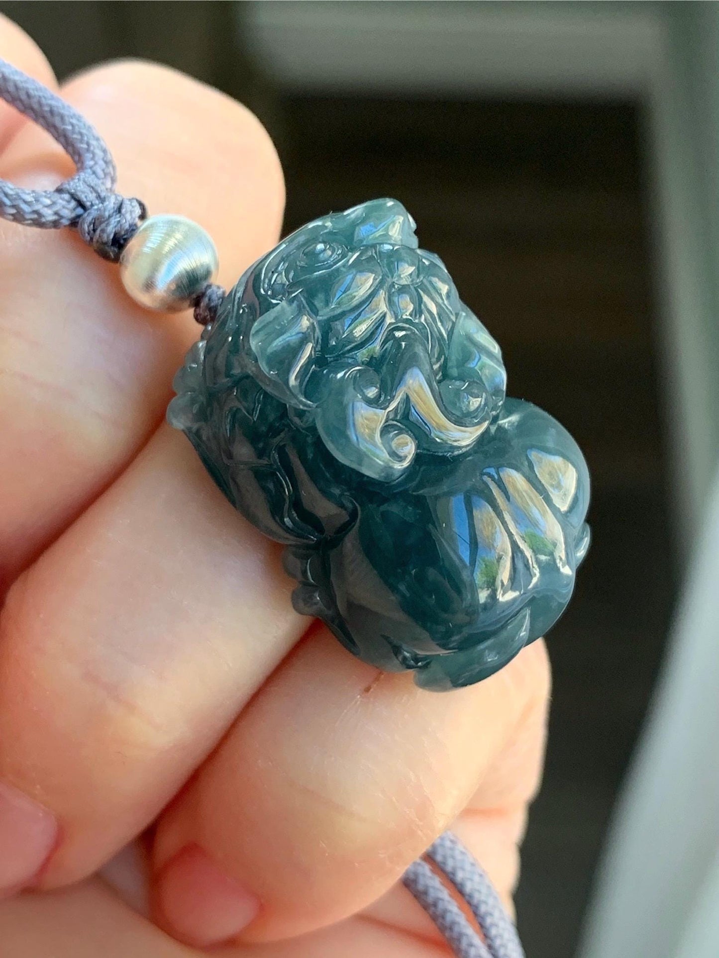 Natural Guatemalan Icy Translucent Gelatinous Dark Teal Blue Jadeite Pixiu Pendant Rope Necklace Sterling Silver 25" 17g 天然老种冰危深蓝水翡翠貔貅吊坠挂件