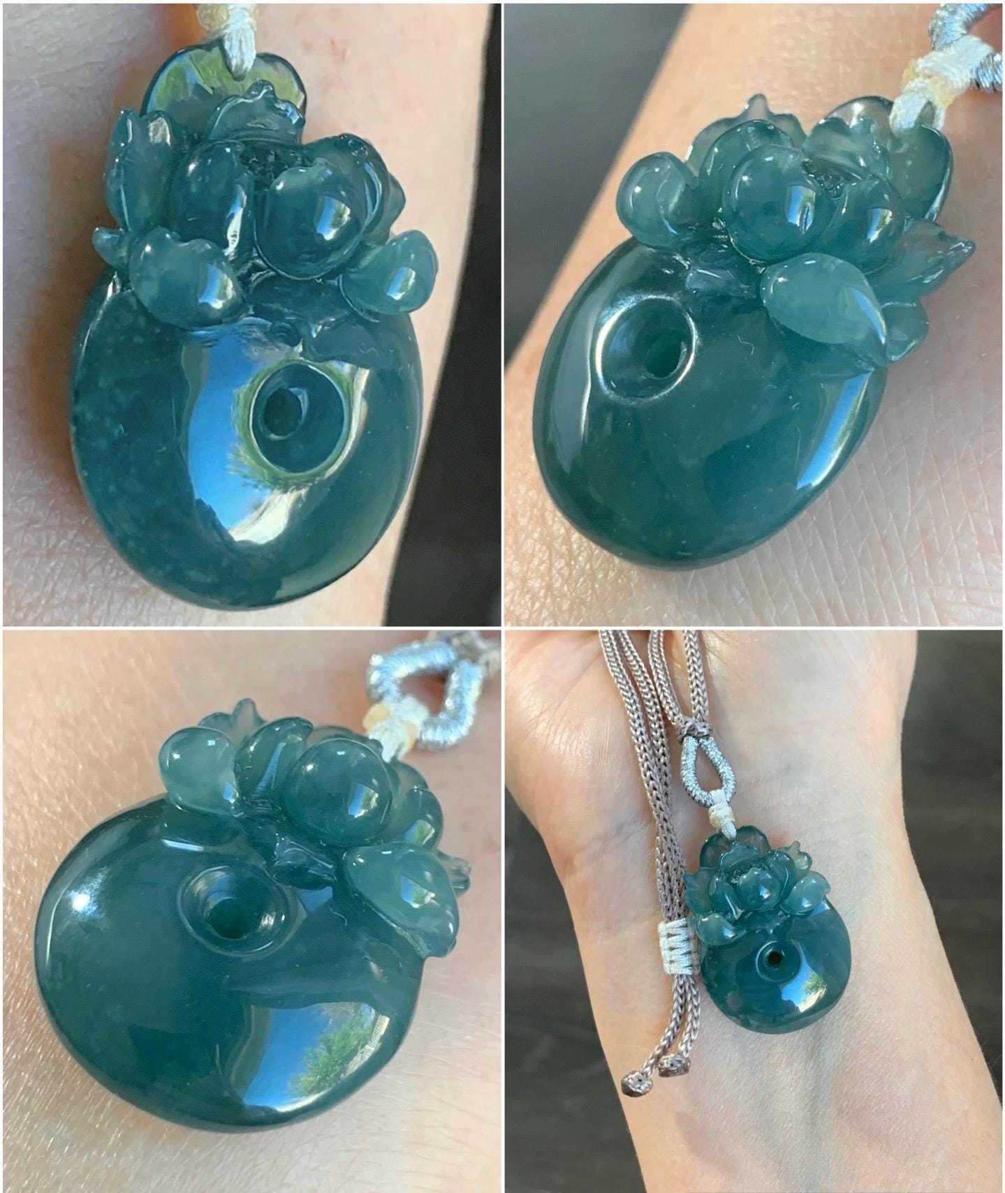 Certified Natural Guatemalan Icy Translucent Dark Teal Blue Jadeite Lotus Flower Ping An Kou Donut Pendant Rope Necklace 天然冰危深蓝翡翠莲花平安扣吊坠 019